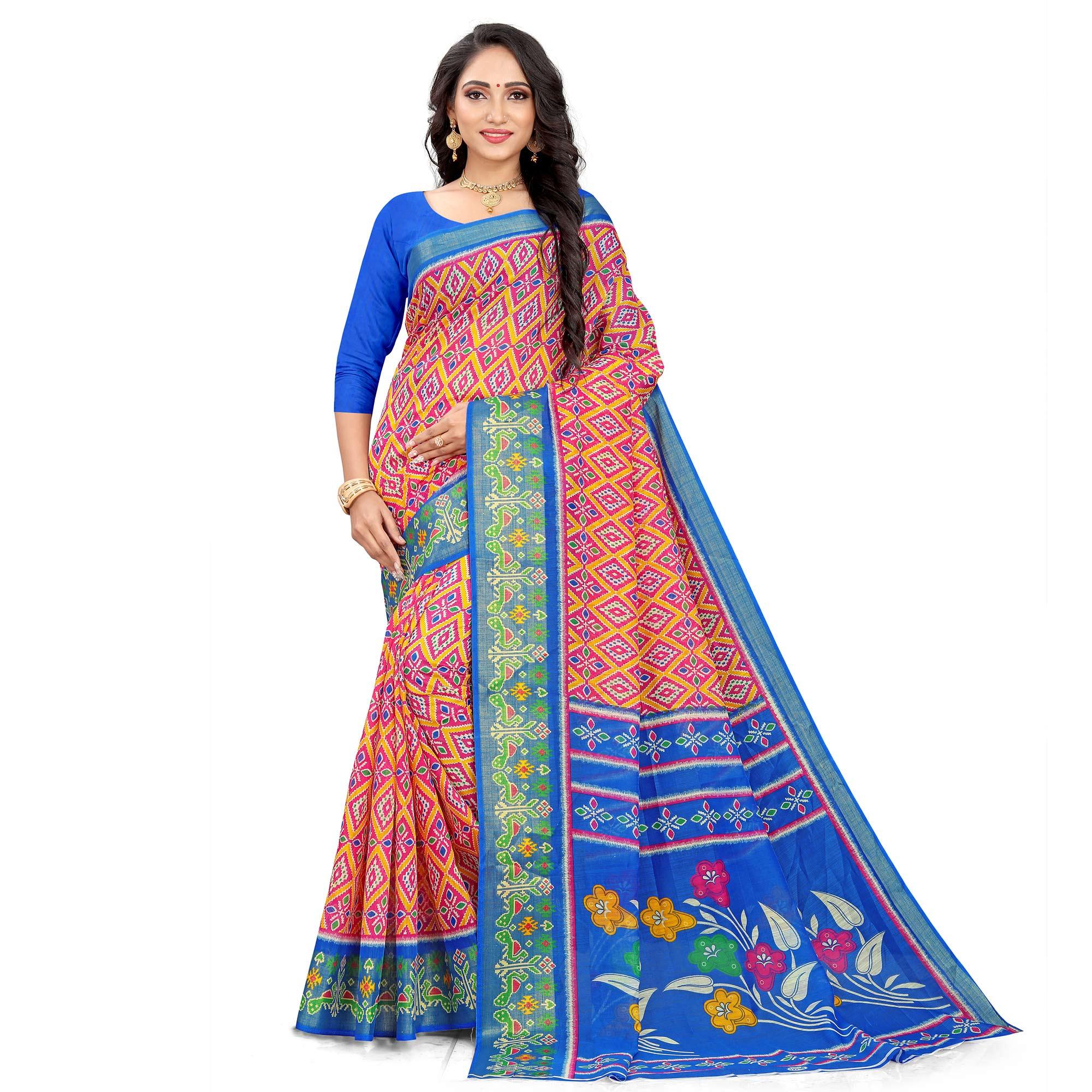 Pink-Blue Festive Wear Floral Printed Cotton linen Saree - Peachmode