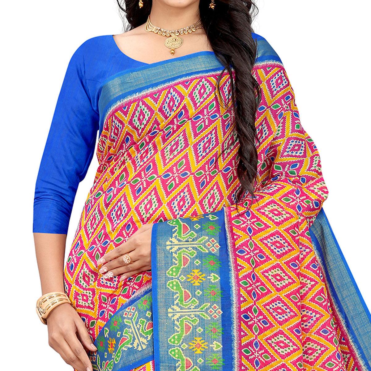 Pink-Blue Festive Wear Floral Printed Cotton linen Saree - Peachmode