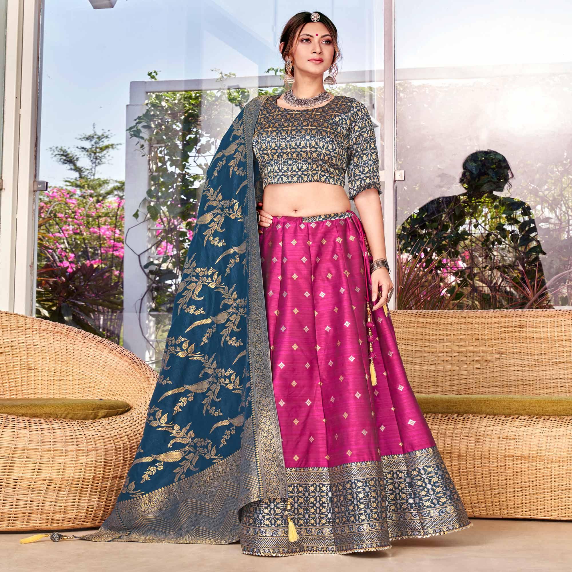 Pink-Blue Festive Wear Floral Woven Silk Lehenga Choli - Peachmode