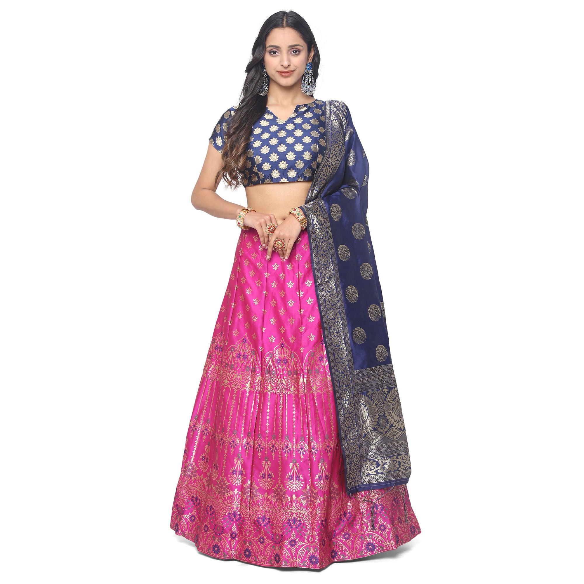 Pink-Blue Festive Wear Woven Jacquard Lehenga Choli - Peachmode