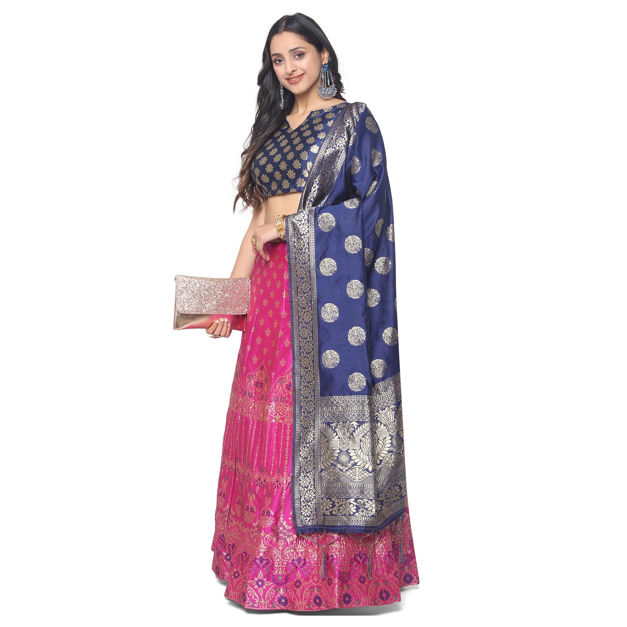 Pink-Blue Festive Wear Woven Jacquard Lehenga Choli - Peachmode