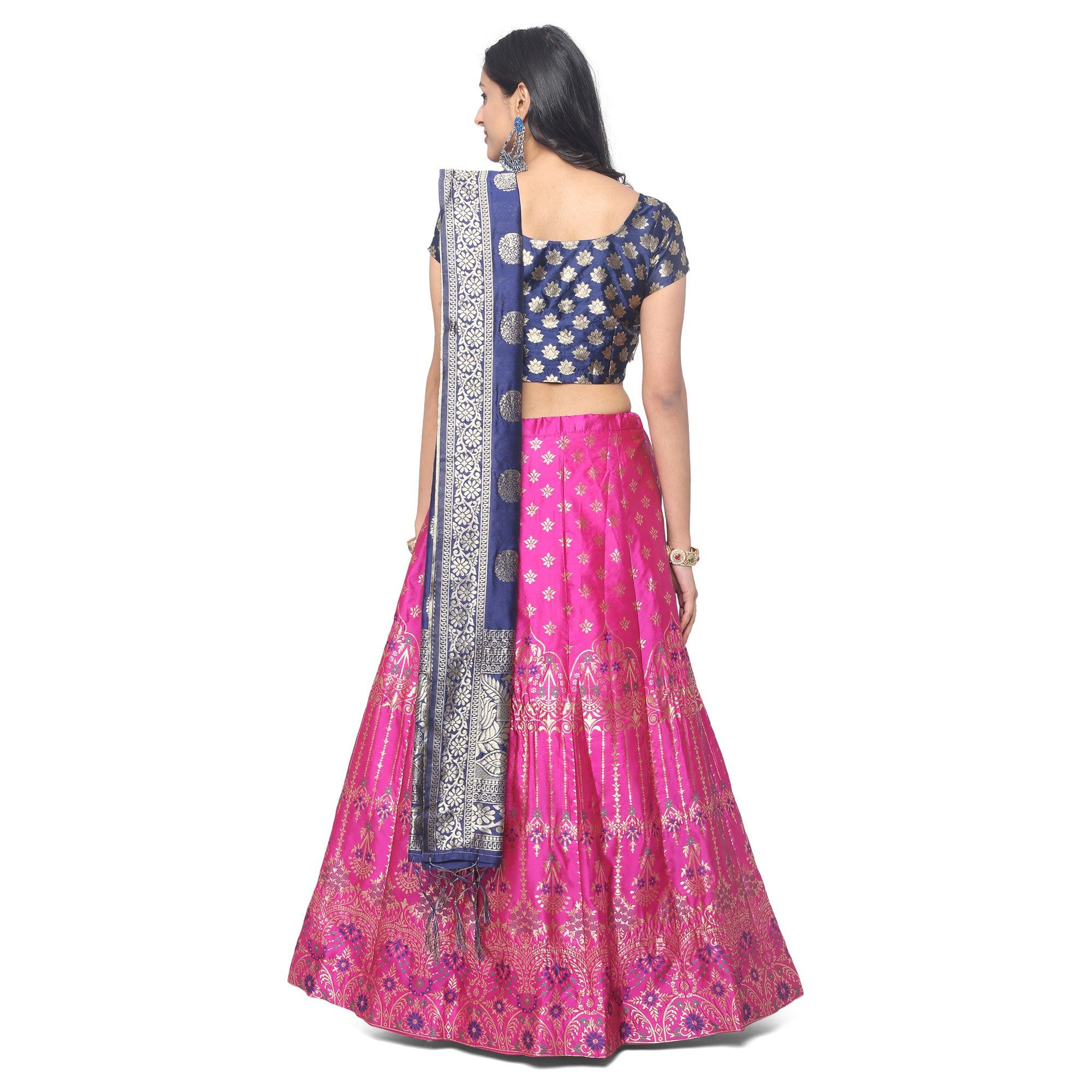 Pink-Blue Festive Wear Woven Jacquard Lehenga Choli - Peachmode