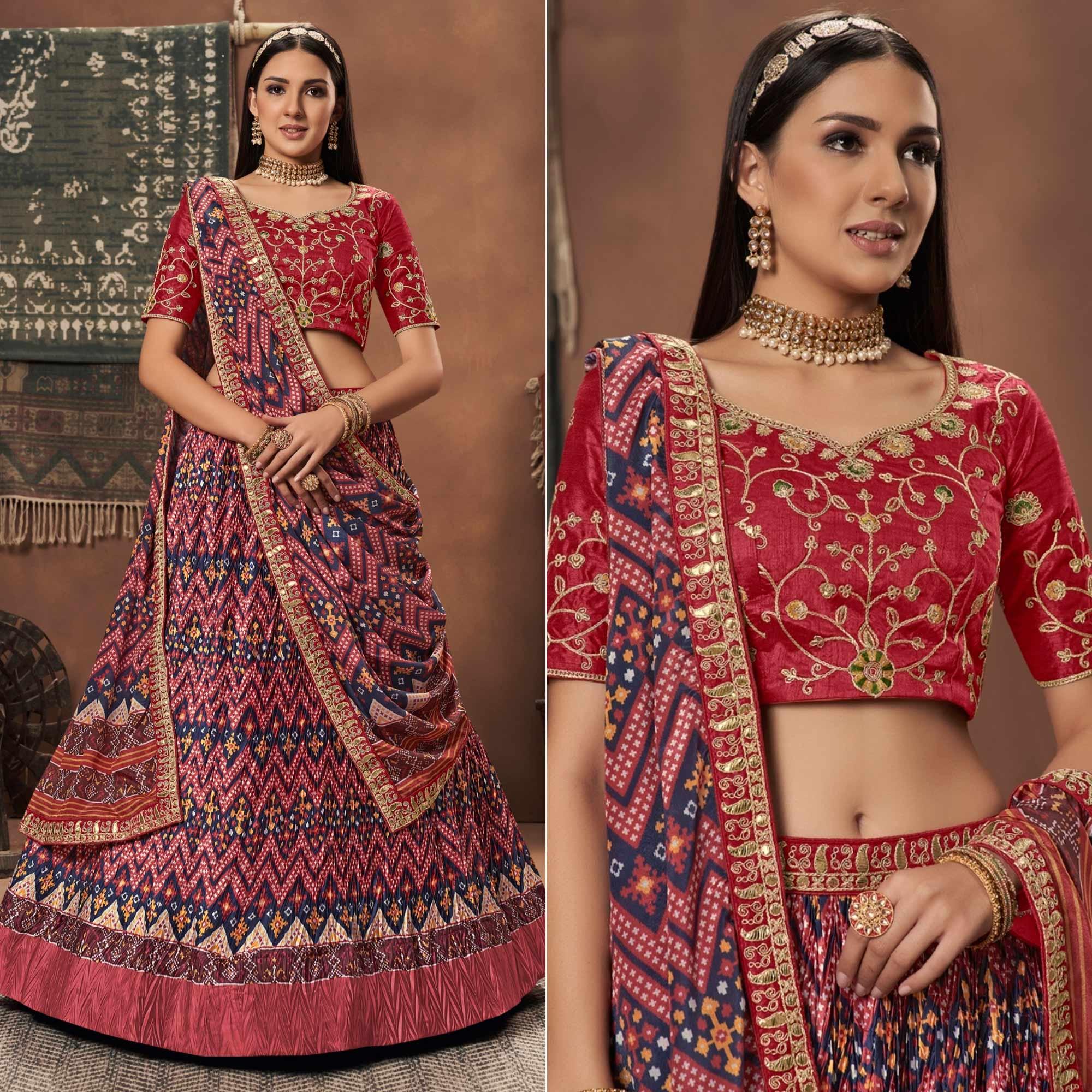 Pink-Blue Geometric Printed Art Silk Lehenga Choli - Peachmode