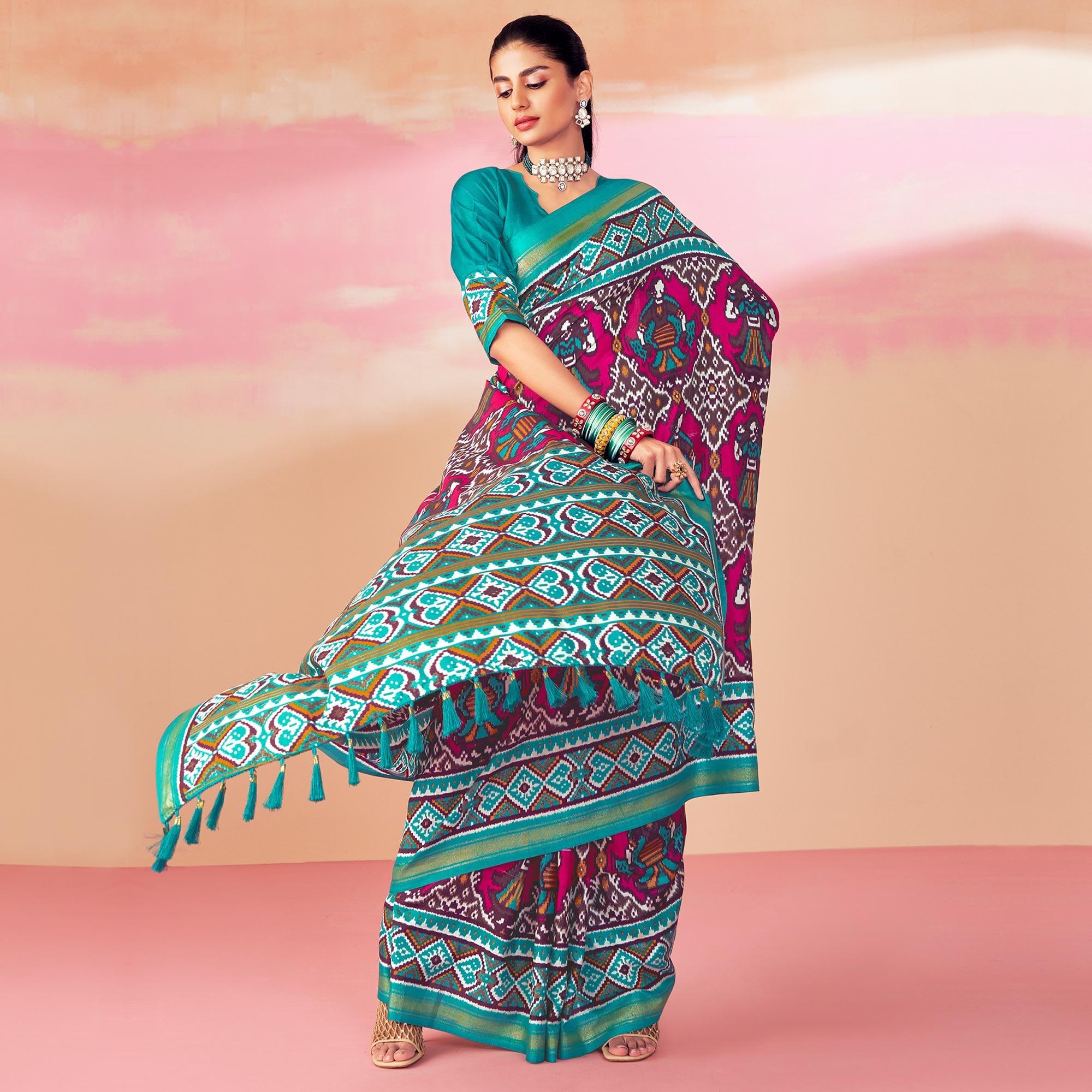 Pink-Blue Patola Printed Art Silk Saree With Tassels - Peachmode