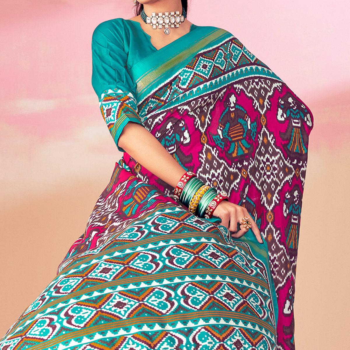 Pink-Blue Patola Printed Art Silk Saree With Tassels - Peachmode
