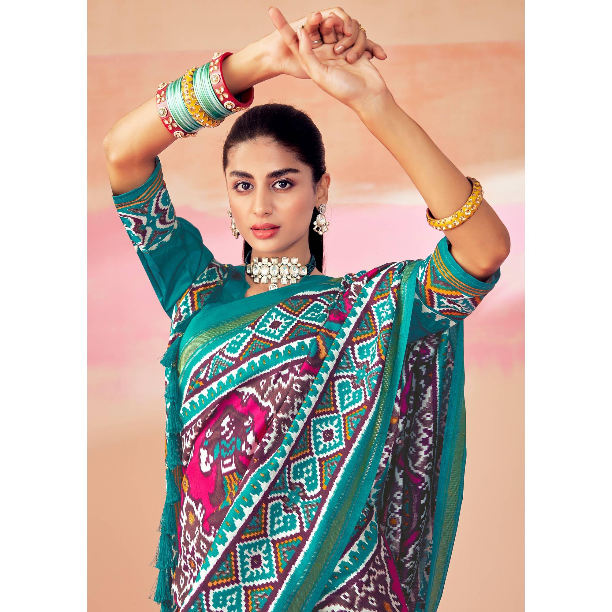 Pink-Blue Patola Printed Art Silk Saree With Tassels - Peachmode