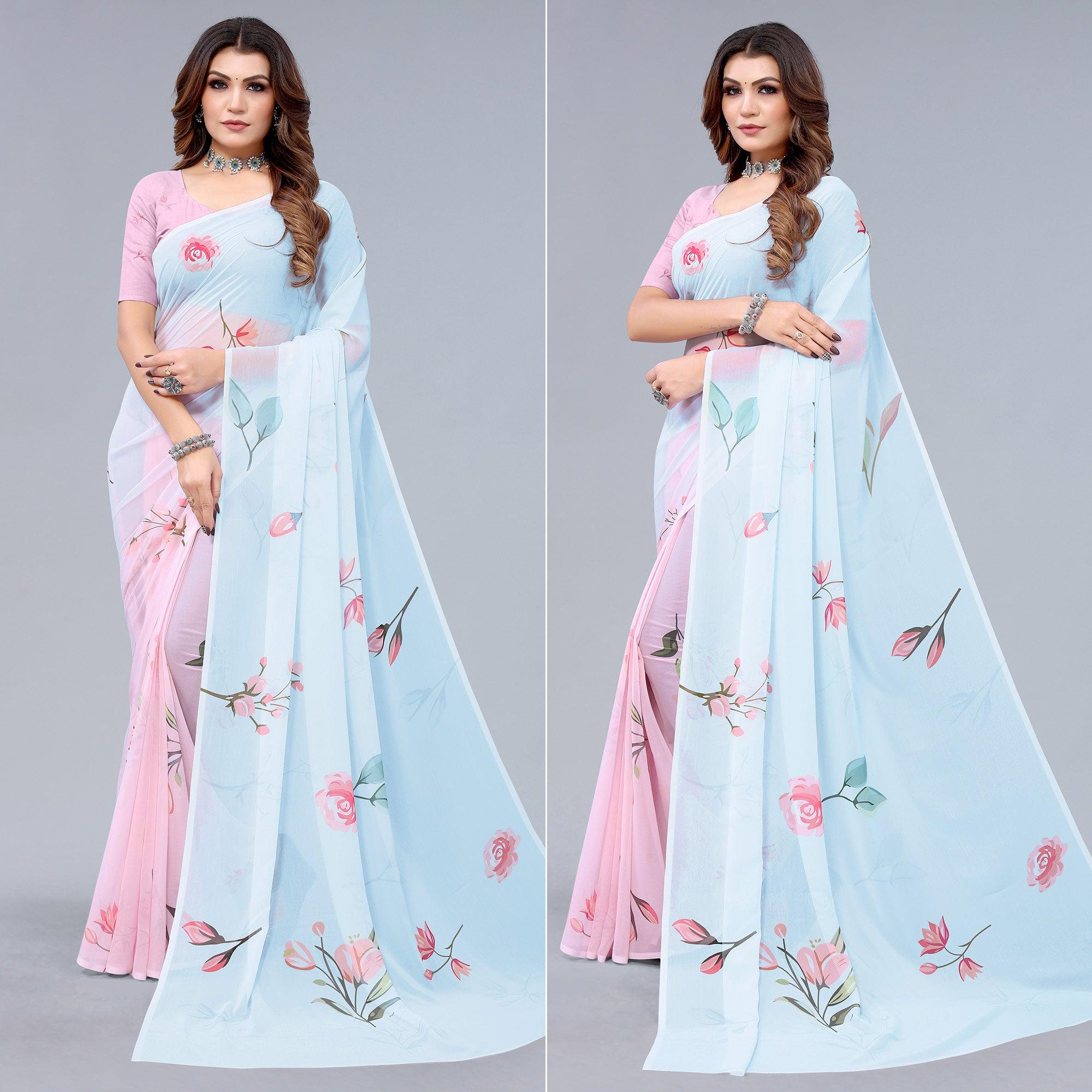 Pink-Blue Printed Half & Half Georgette Saree - Peachmode