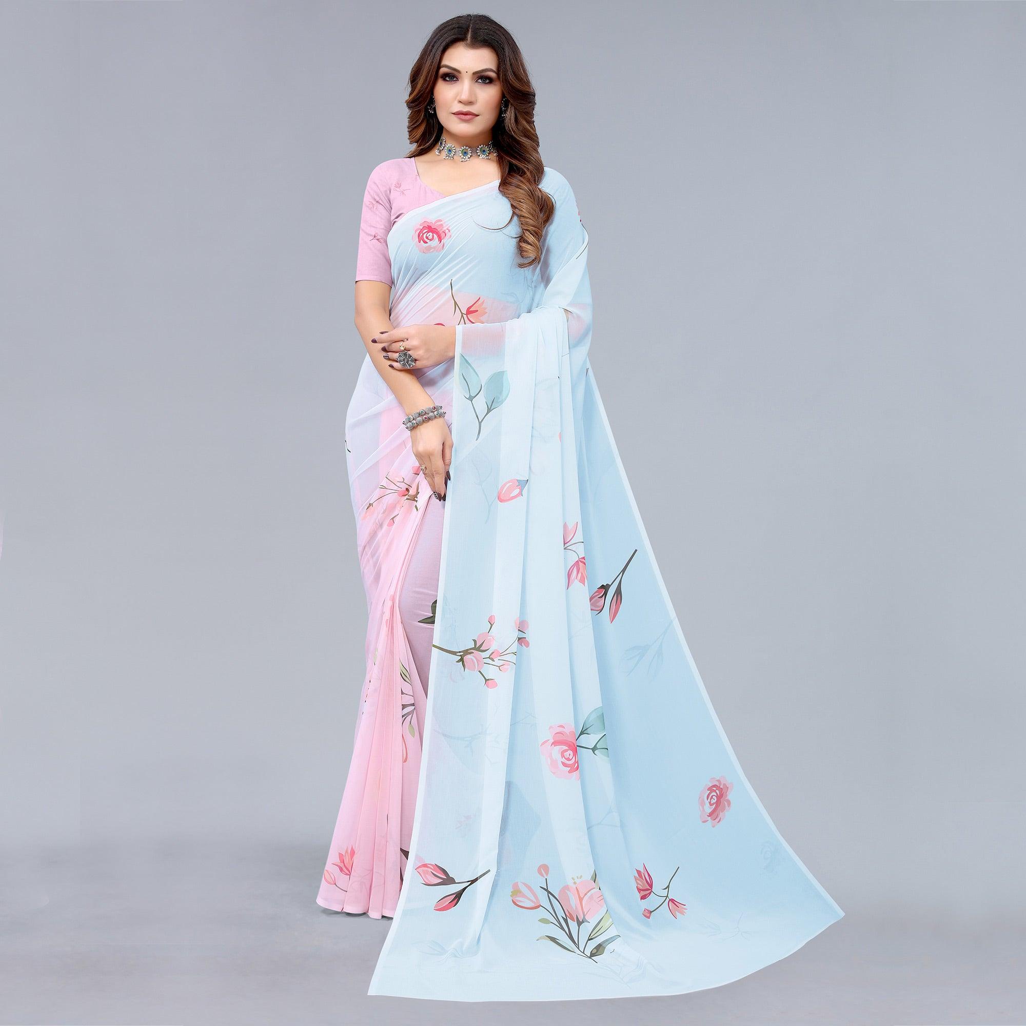 Pink-Blue Printed Half & Half Georgette Saree - Peachmode