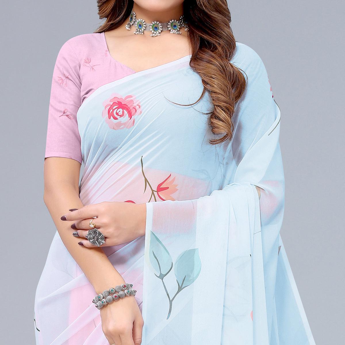 Pink-Blue Printed Half & Half Georgette Saree - Peachmode