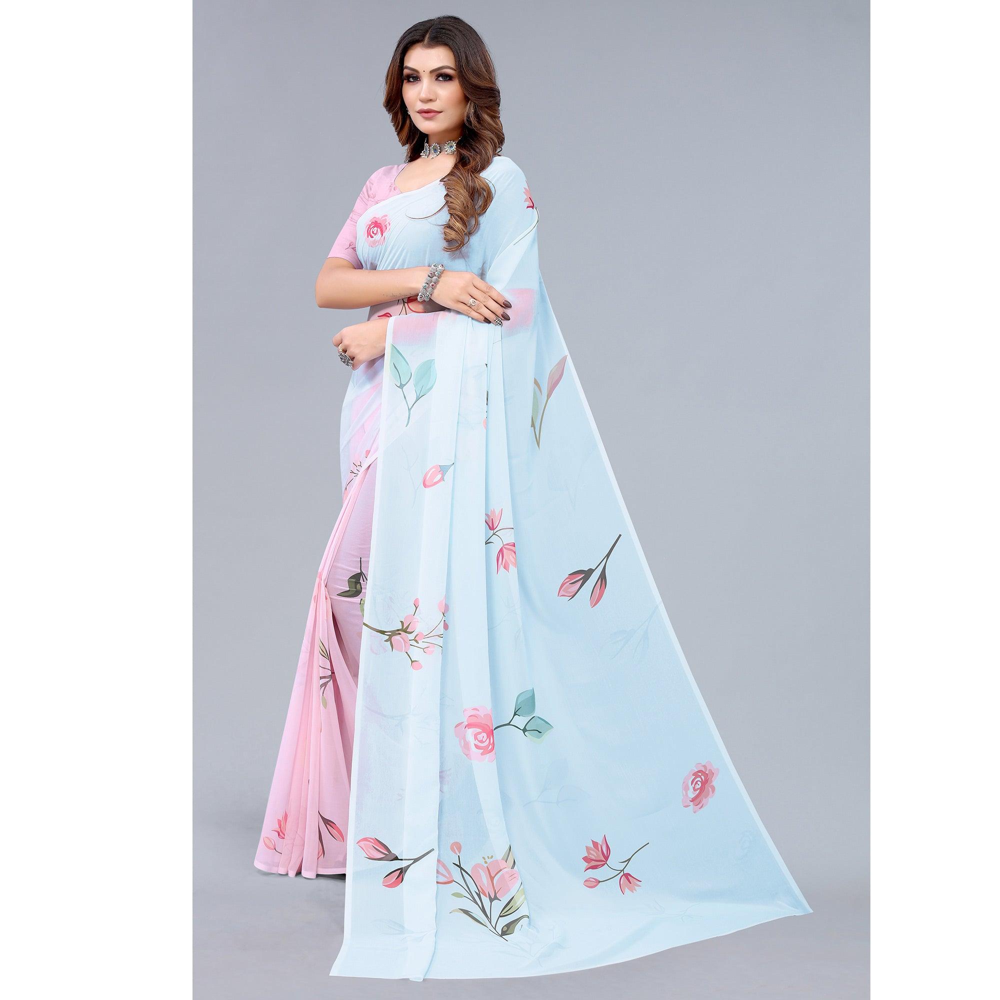 Pink-Blue Printed Half & Half Georgette Saree - Peachmode