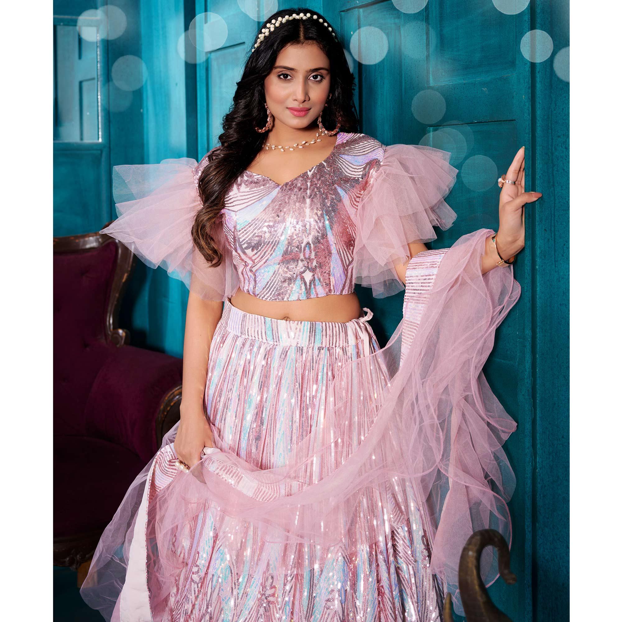 Pink-Blue Sequence Embroidered With Stonework Art Silk Lehenga Choli - Peachmode