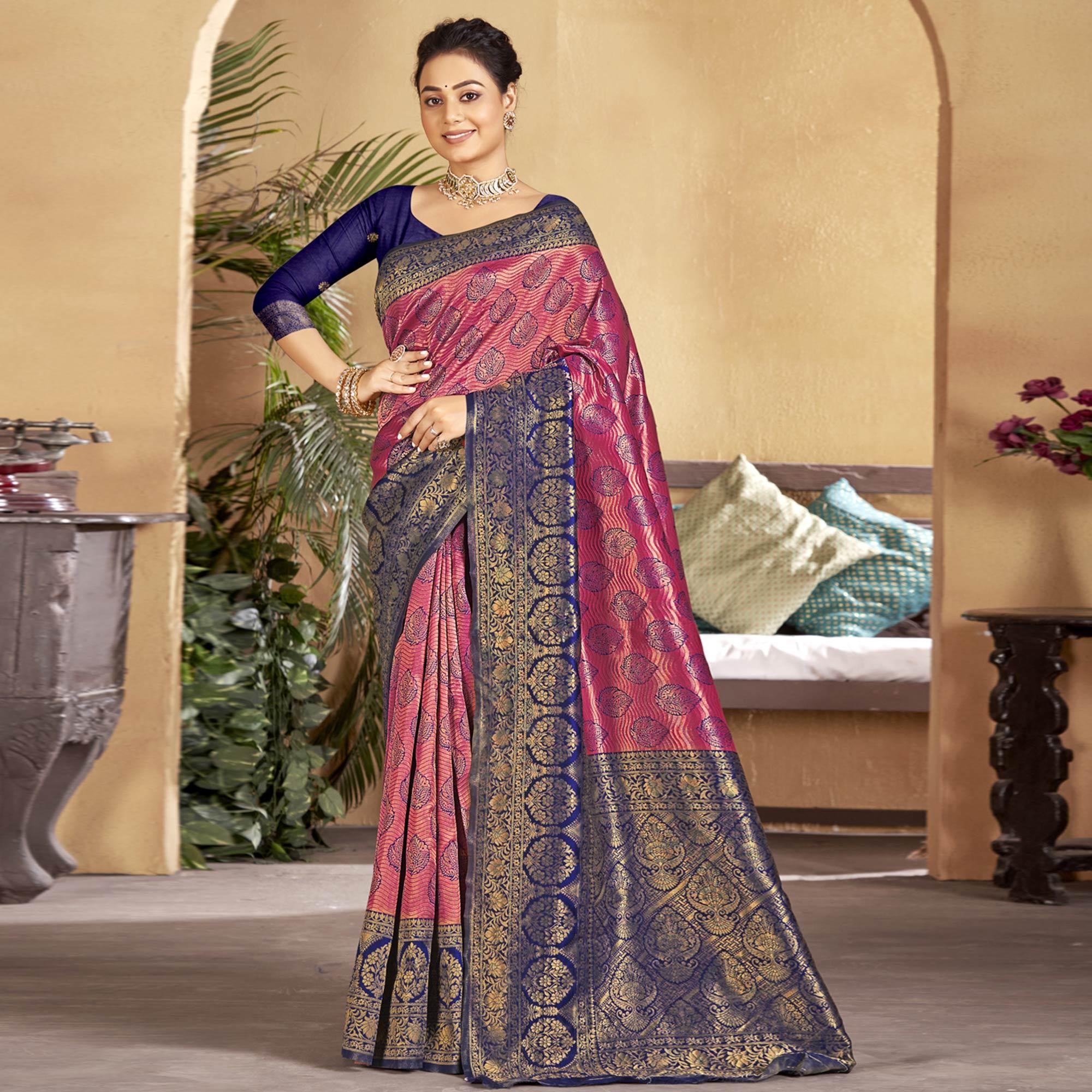 Pink-Blue Woven Art Silk Saree - Peachmode