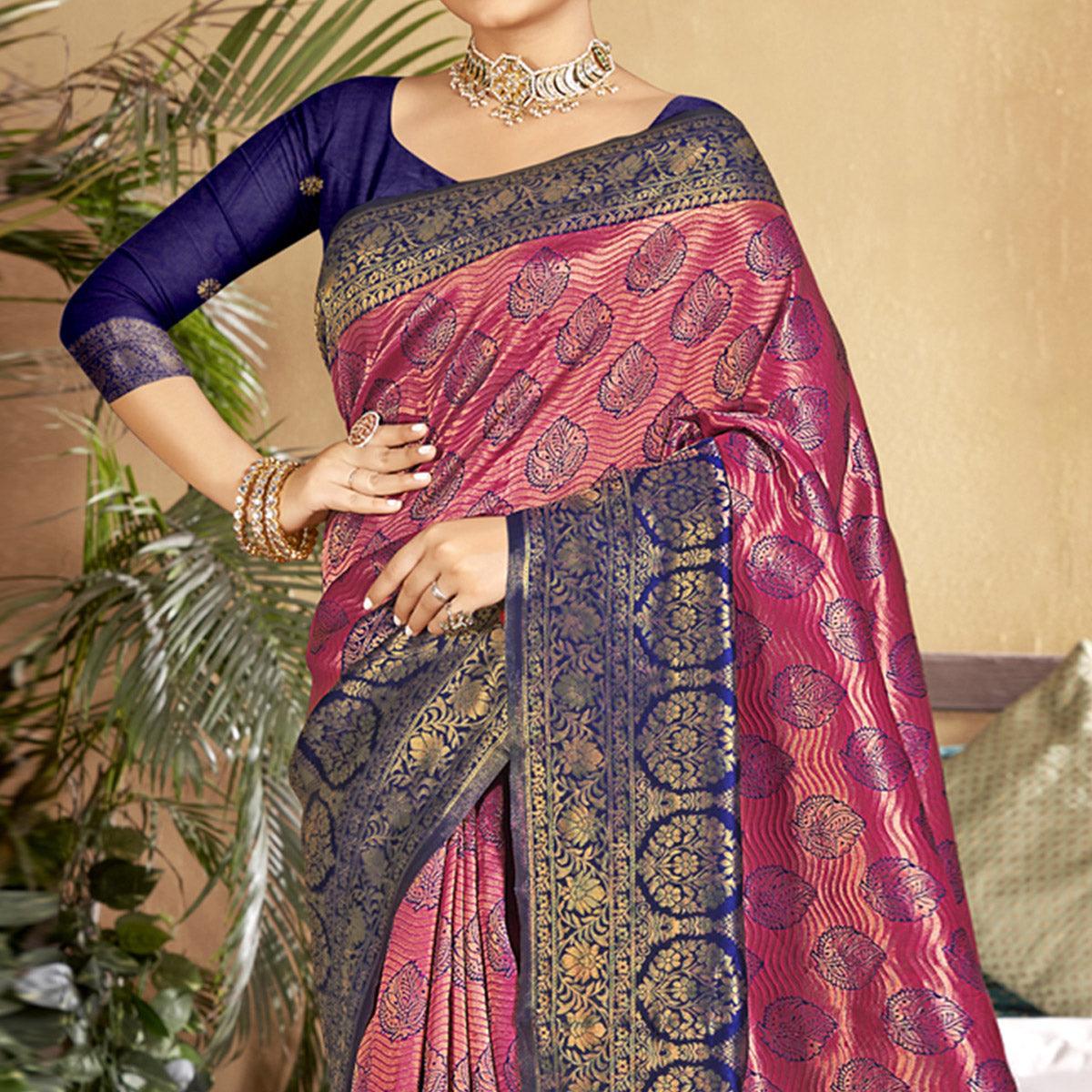 Pink-Blue Woven Art Silk Saree - Peachmode