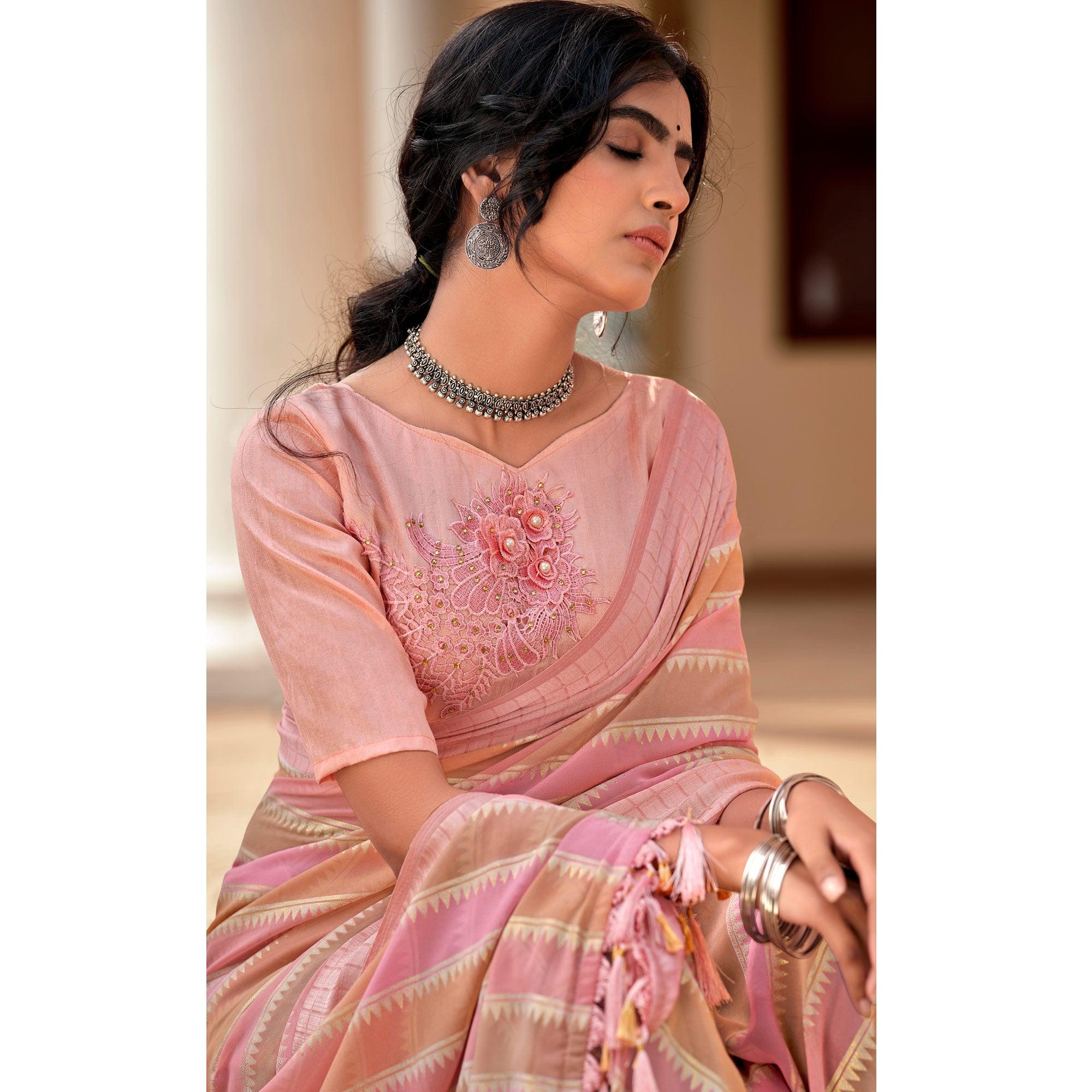 Pink-Brown Party Wear Foil Printed Georgette Saree With Tassels - Peachmode