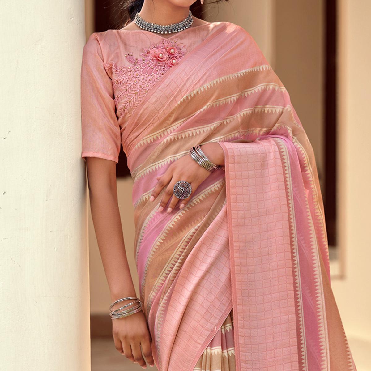 Pink-Brown Party Wear Foil Printed Georgette Saree With Tassels - Peachmode
