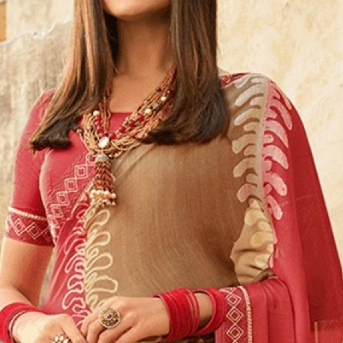 Pink-Brown Printed Georgette Saree - Peachmode