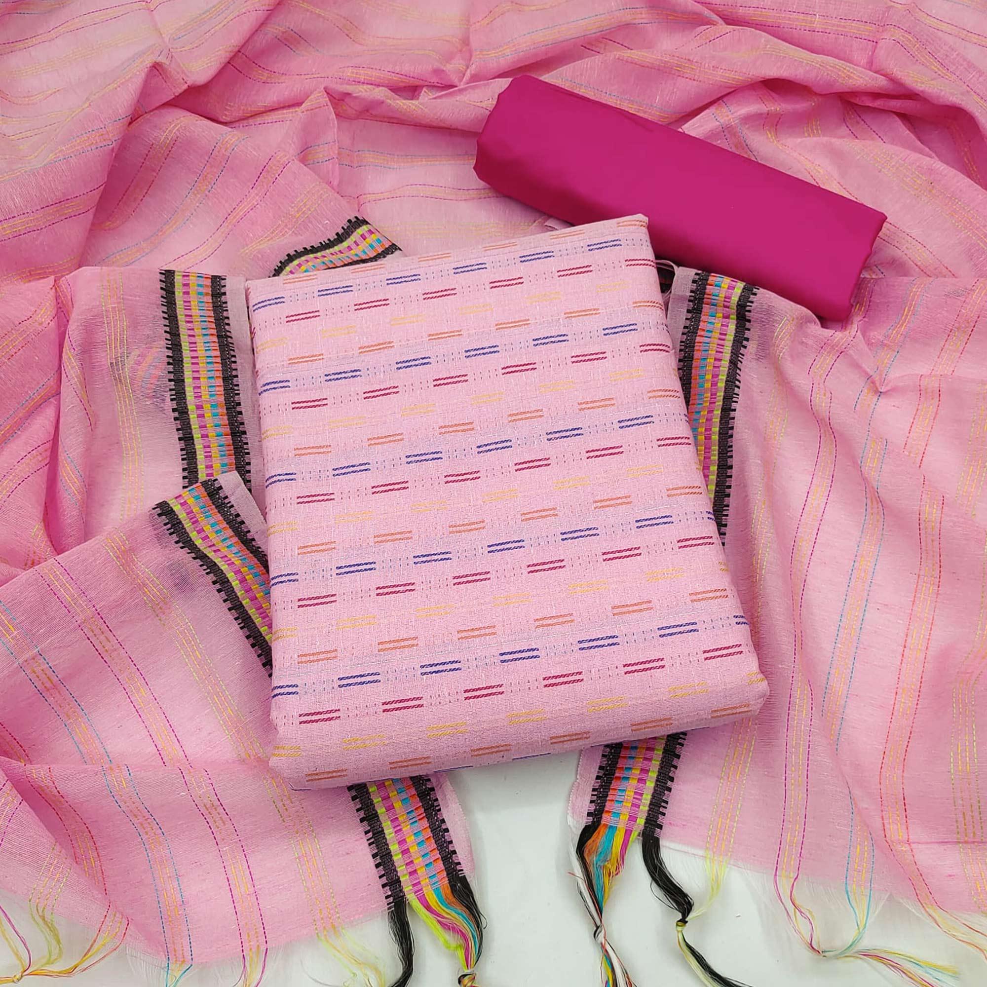 Pink Butti Embroidered Poly Cotton Dress Material - Peachmode
