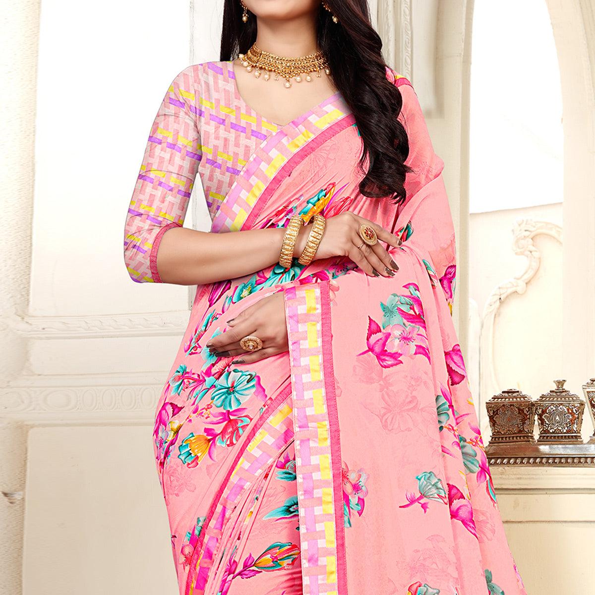 Pink Casaul Wear Floral Printed Georgette Saree With Satin Lace - Peachmode