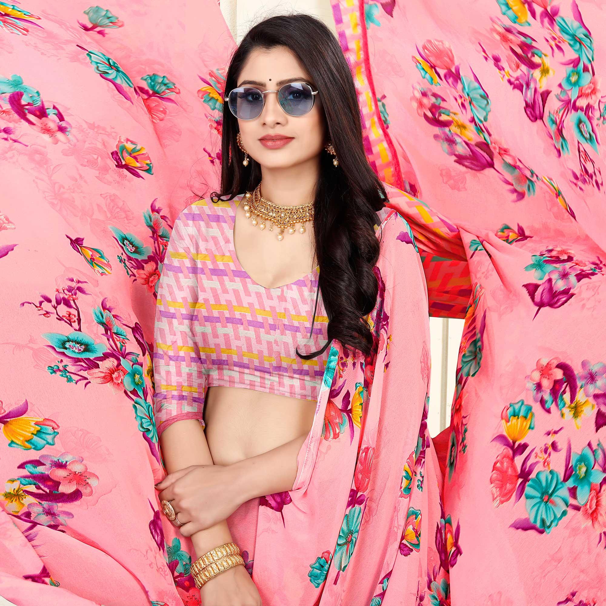 Pink Casaul Wear Floral Printed Georgette Saree With Satin Lace - Peachmode