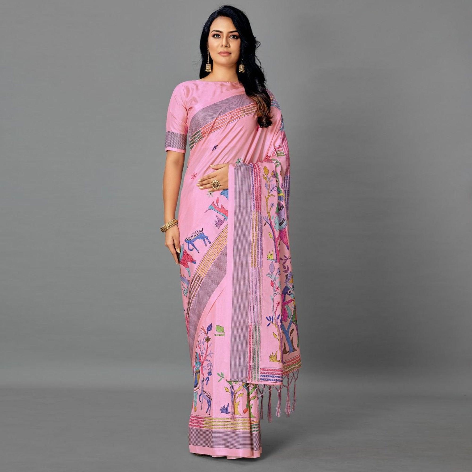 Pink Casual Art Silk Printed Saree With Unstitched Blouse - Peachmode