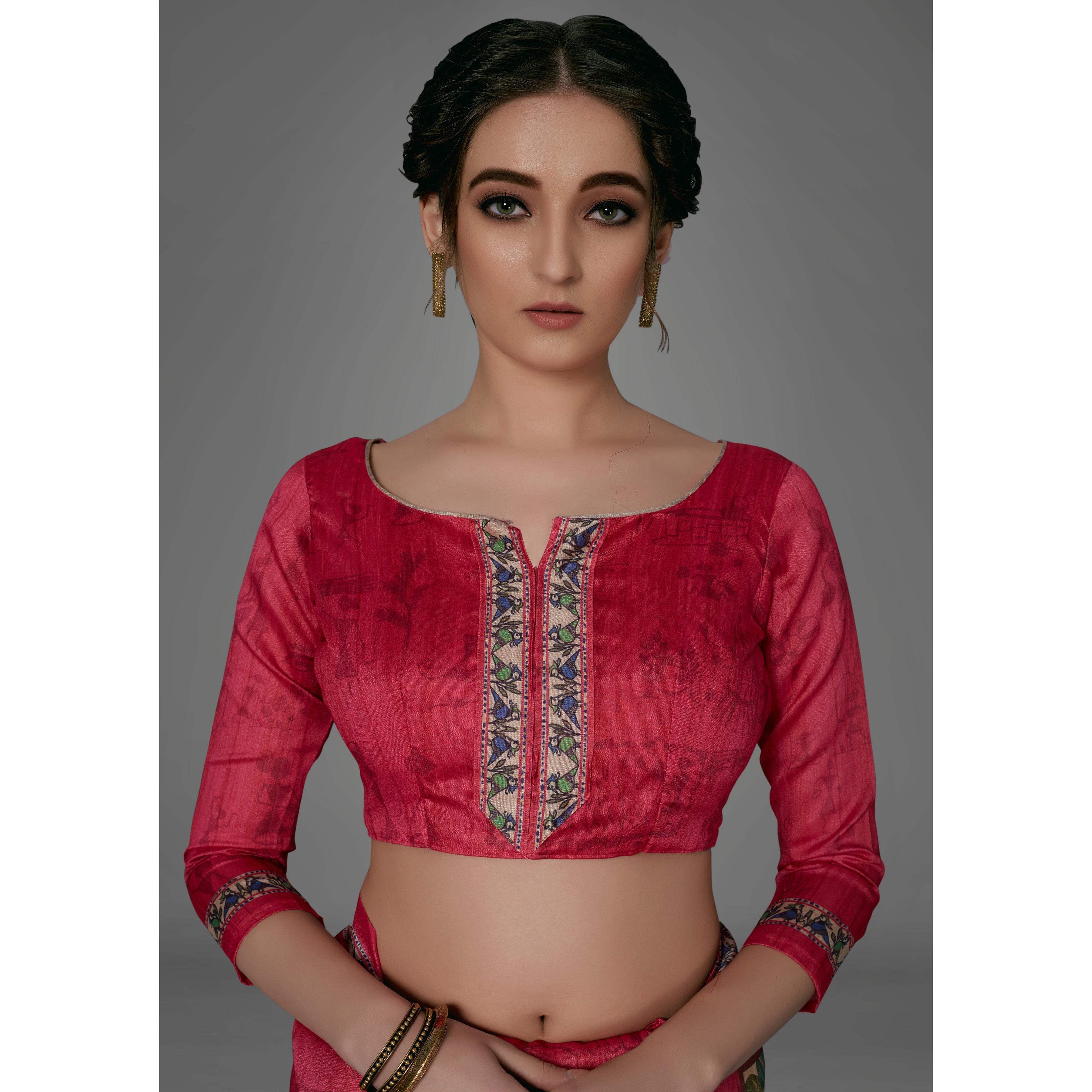 Pink Casual Art Silk Printed Saree With Unstitched Blouse - Peachmode