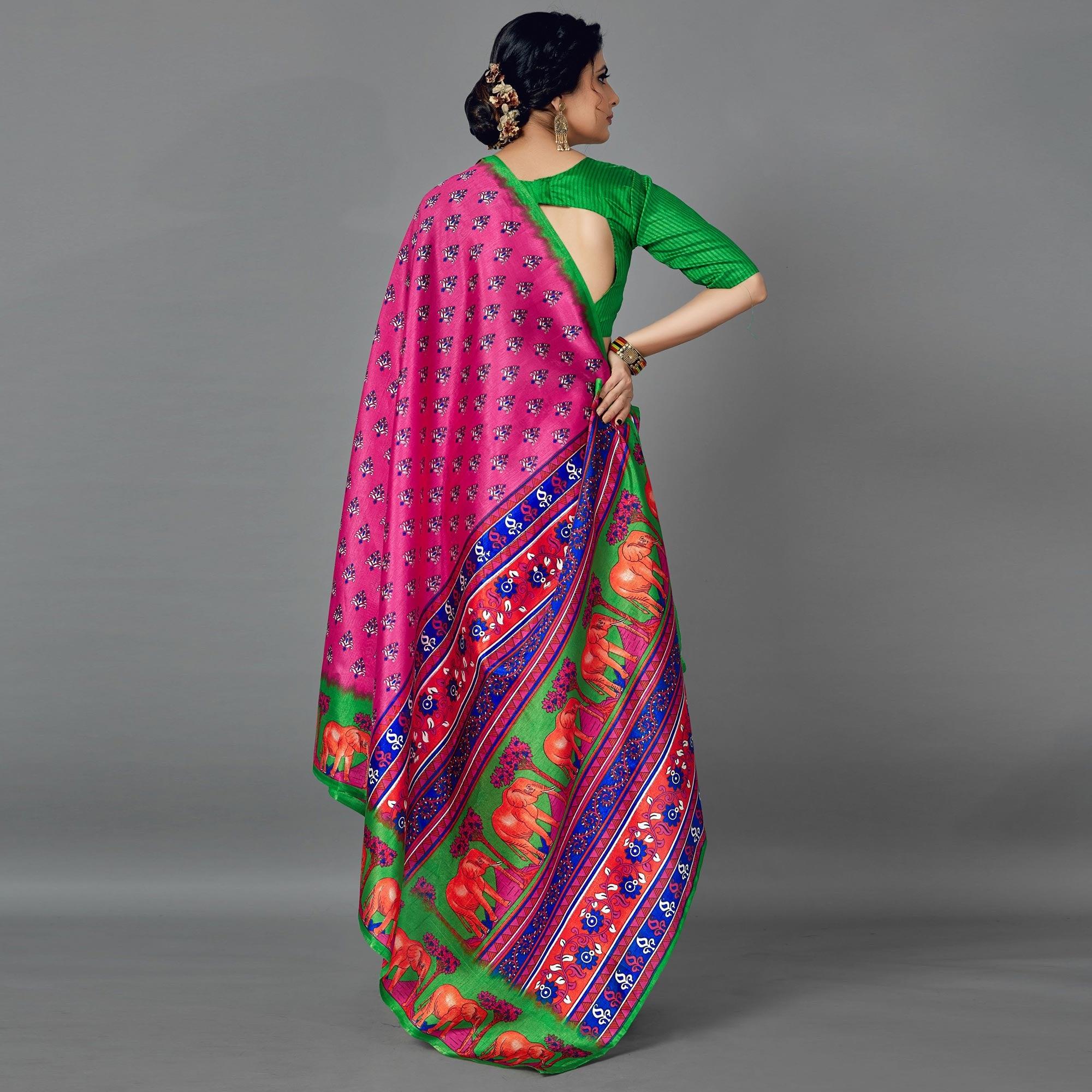 Pink Casual Art Silk Printed Saree With Unstitched Blouse - Peachmode