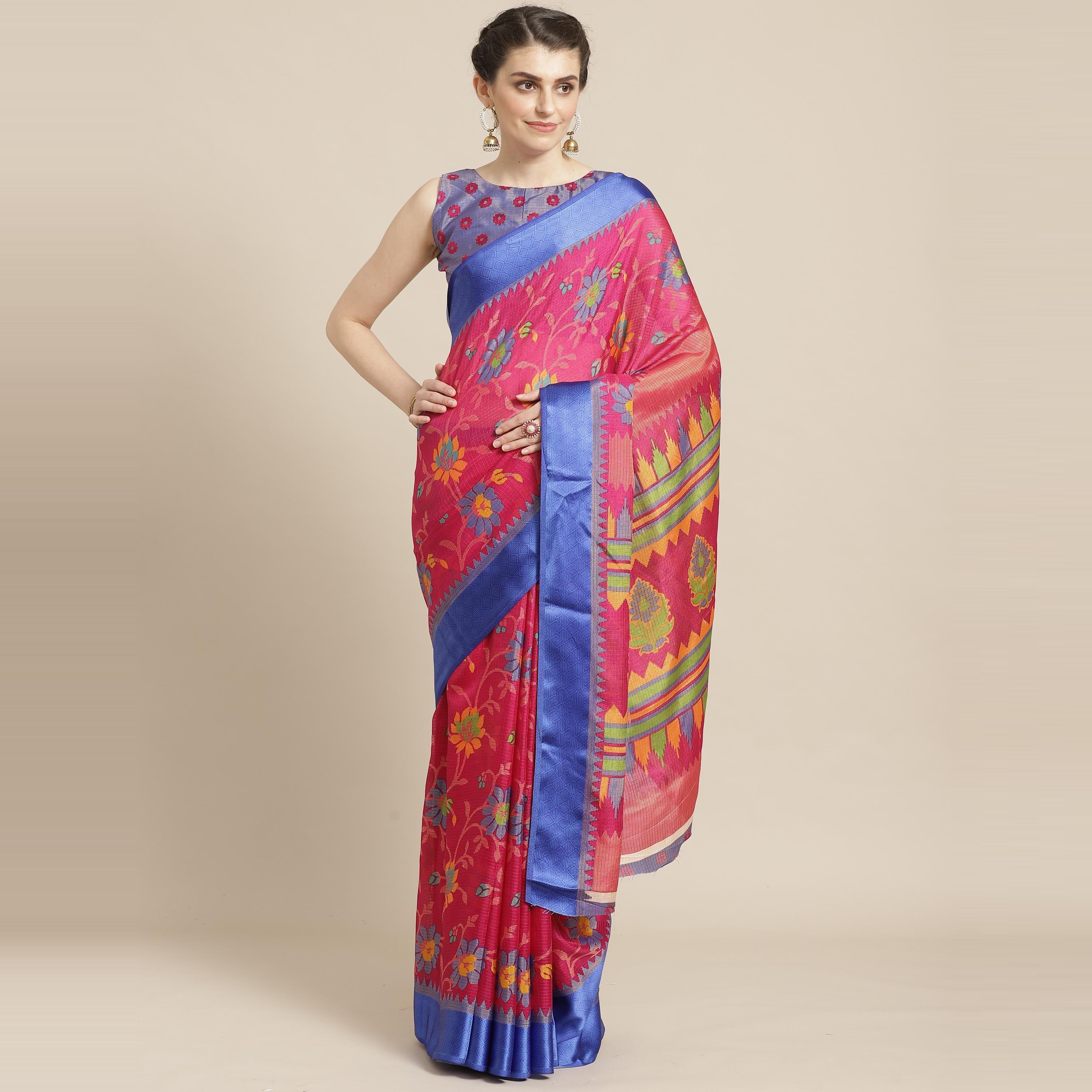 Pink Casual Brasso Printed Saree With Unstitched Blouse - Peachmode