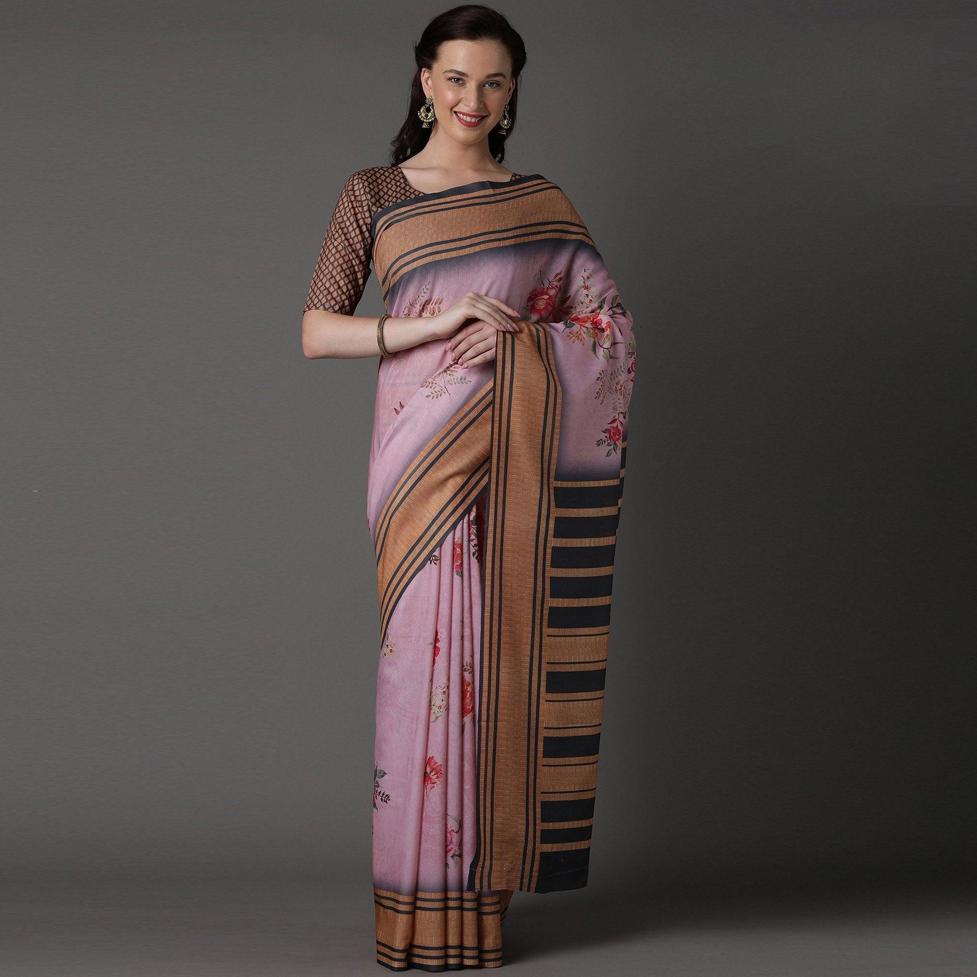 Pink Casual Cotton Silk Printed Saree With Unstitched Blouse - Peachmode