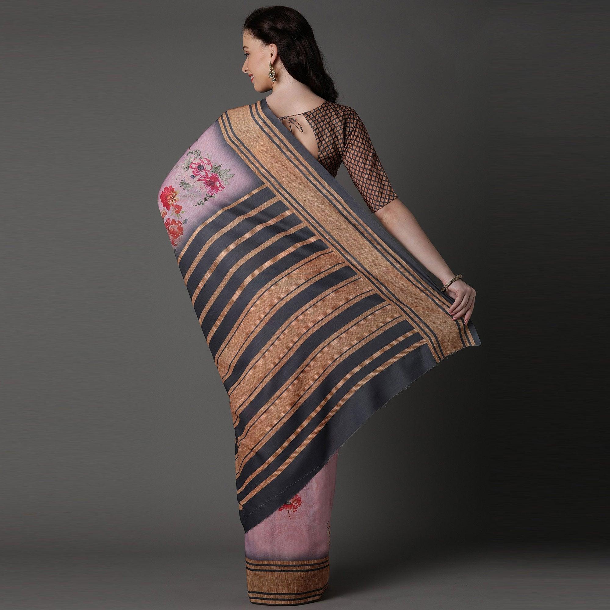 Pink Casual Cotton Silk Printed Saree With Unstitched Blouse - Peachmode