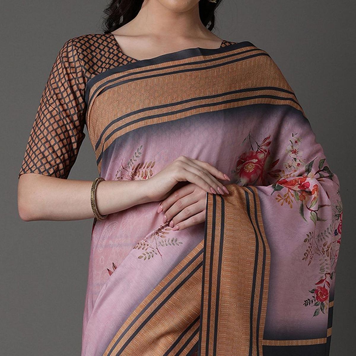 Pink Casual Cotton Silk Printed Saree With Unstitched Blouse - Peachmode