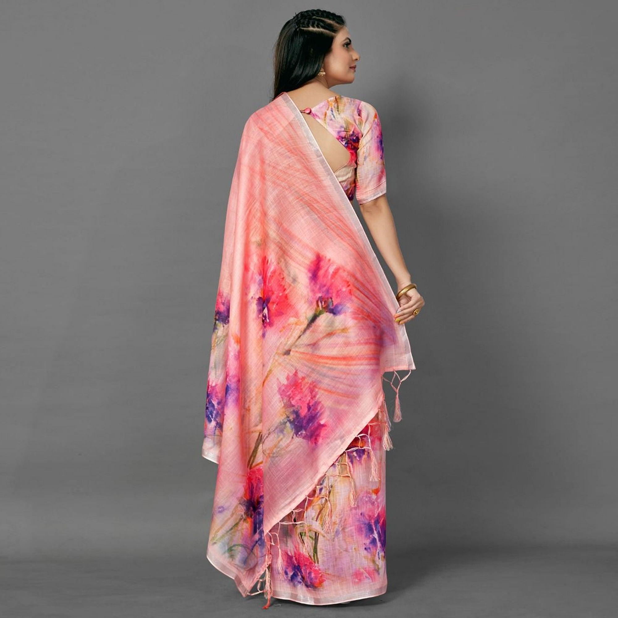 Pink Casual Pure Linen Digital Print Saree With Unstitched Blouse - Peachmode