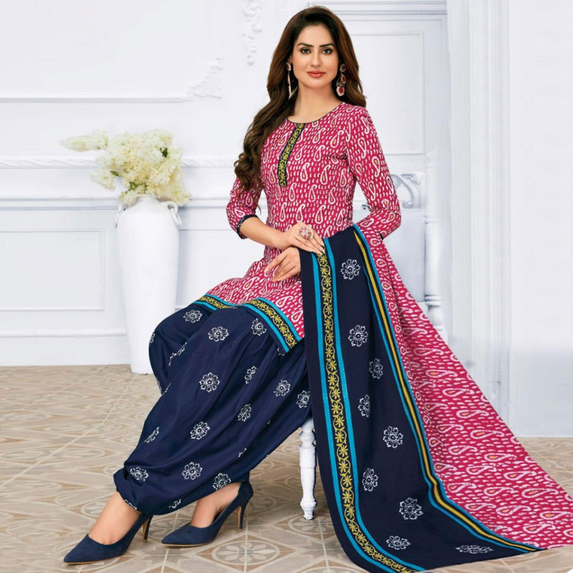 Pink Casual Wear Bandhani Batik Printed Cotton Patiala Dress Material - Peachmode