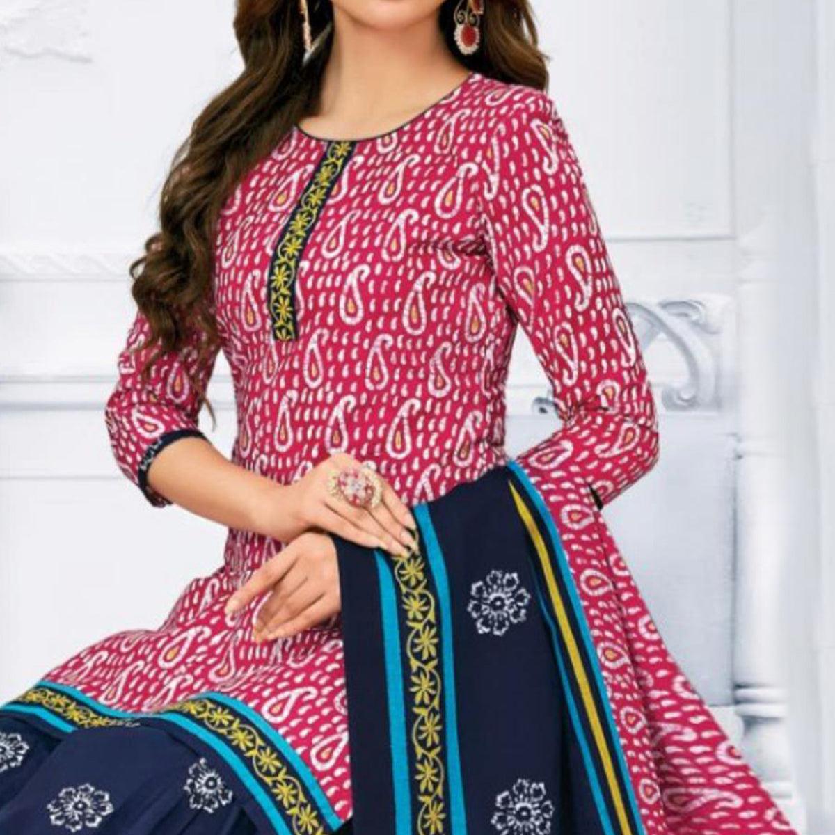 Pink Casual Wear Bandhani Batik Printed Cotton Patiala Dress Material - Peachmode