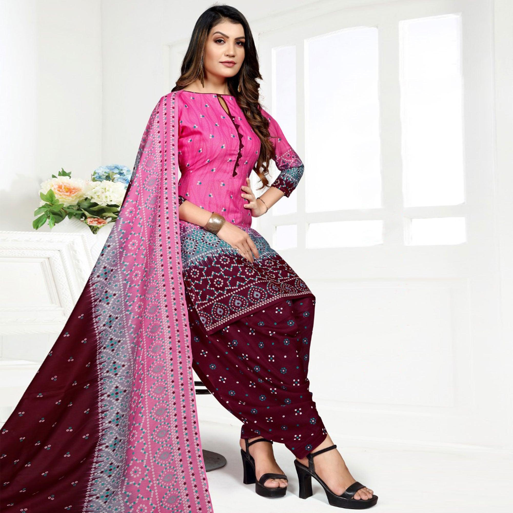 Pink Casual Wear Bandhani Printed Cotton Patiala Dress Material - Peachmode