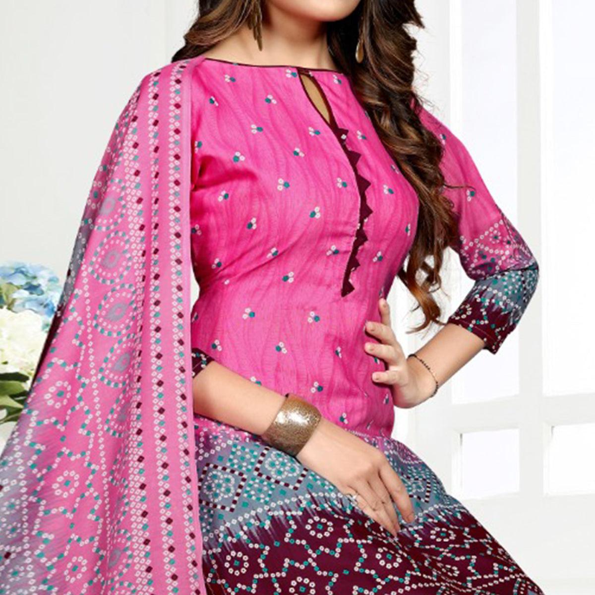 Pink Casual Wear Bandhani Printed Cotton Patiala Dress Material - Peachmode