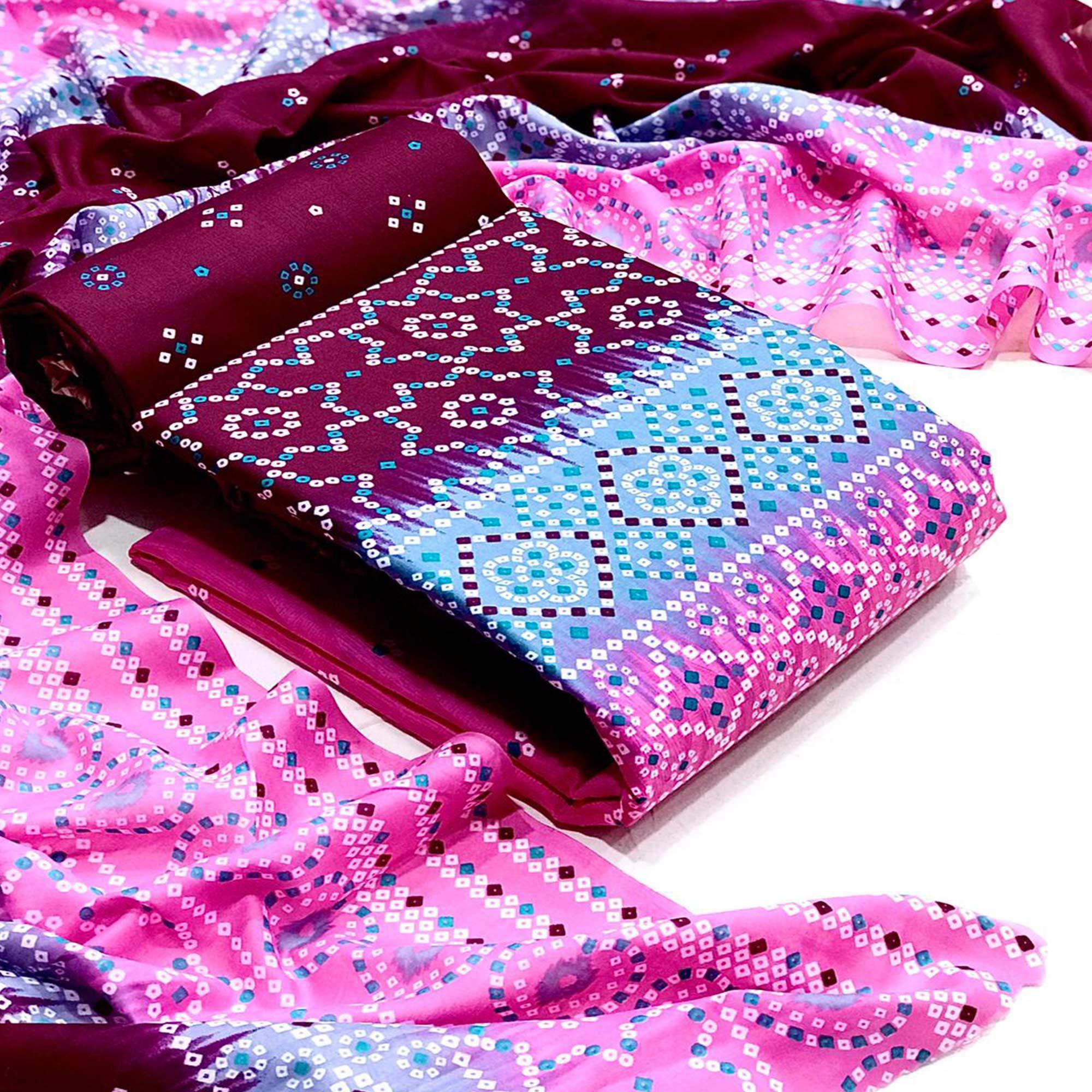 Pink Casual Wear Bandhani Printed Cotton Patiala Dress Material - Peachmode