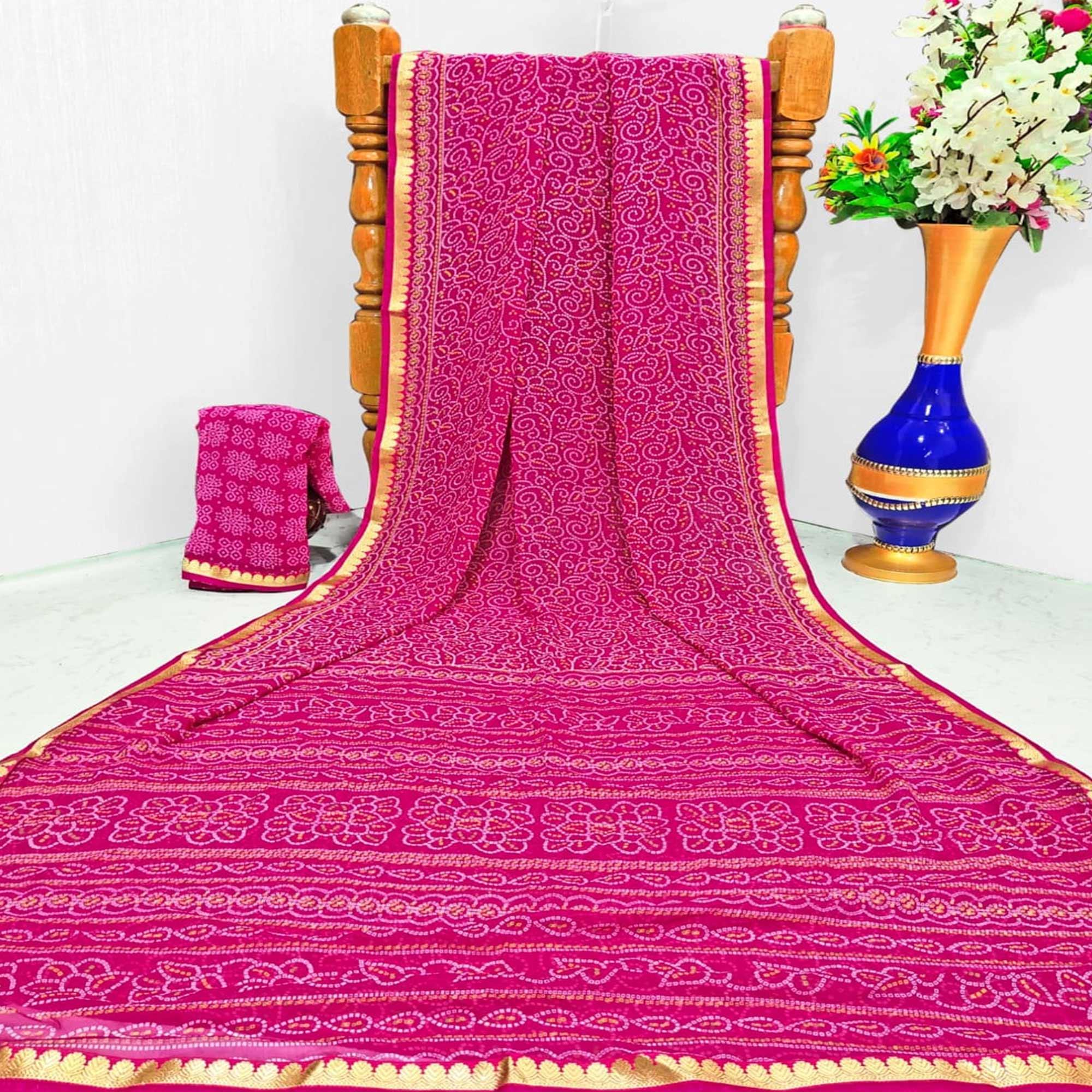 Pink Casual Wear Bandhani Printed Georgette Saree With Designer Border - Peachmode