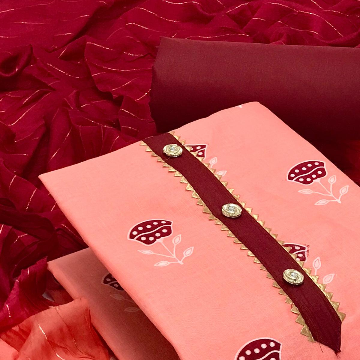 Pink Casual Wear Block Printed Cotton Dress Material - Peachmode