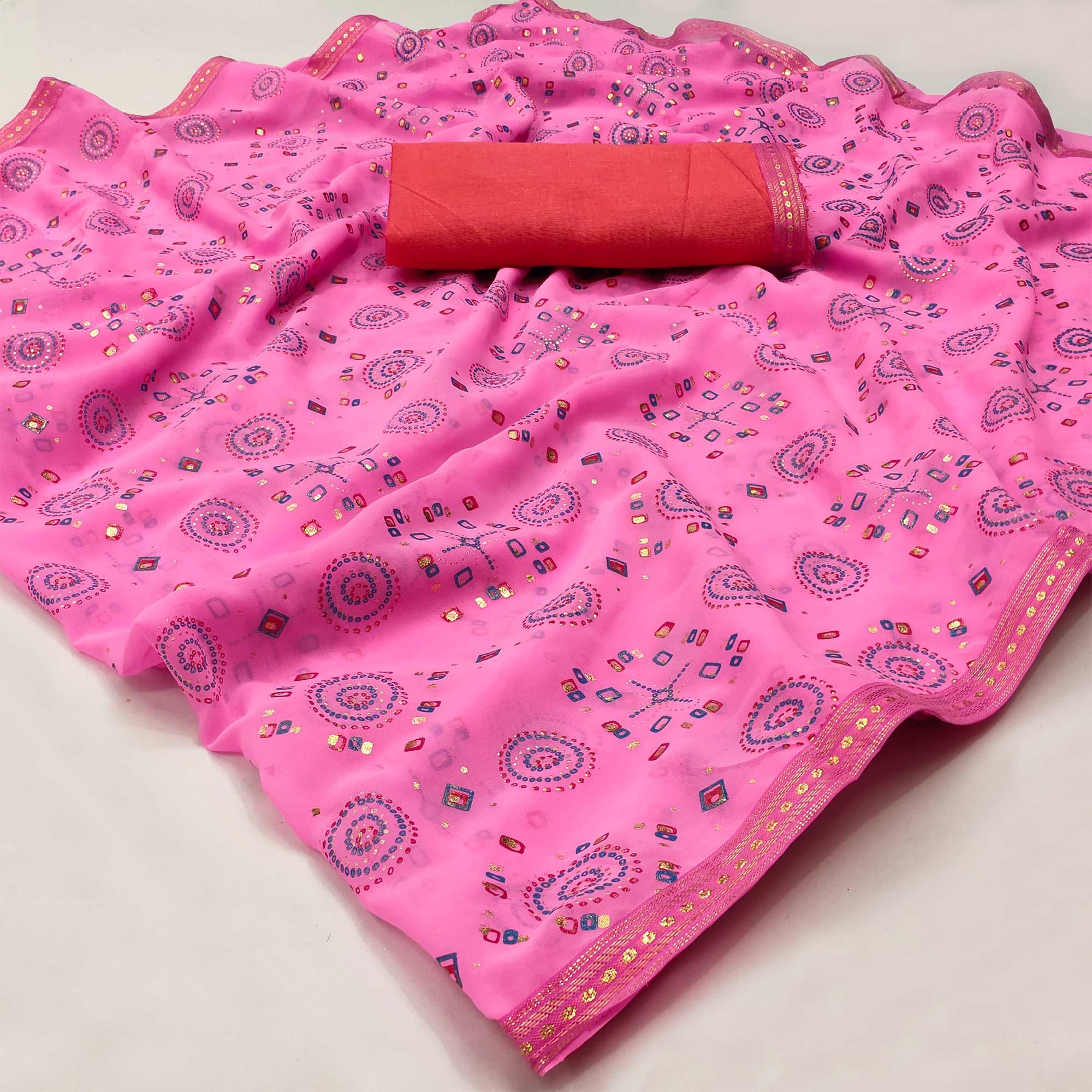 Pink Casual Wear Block Printed With Foil Work Georgette Saree - Peachmode