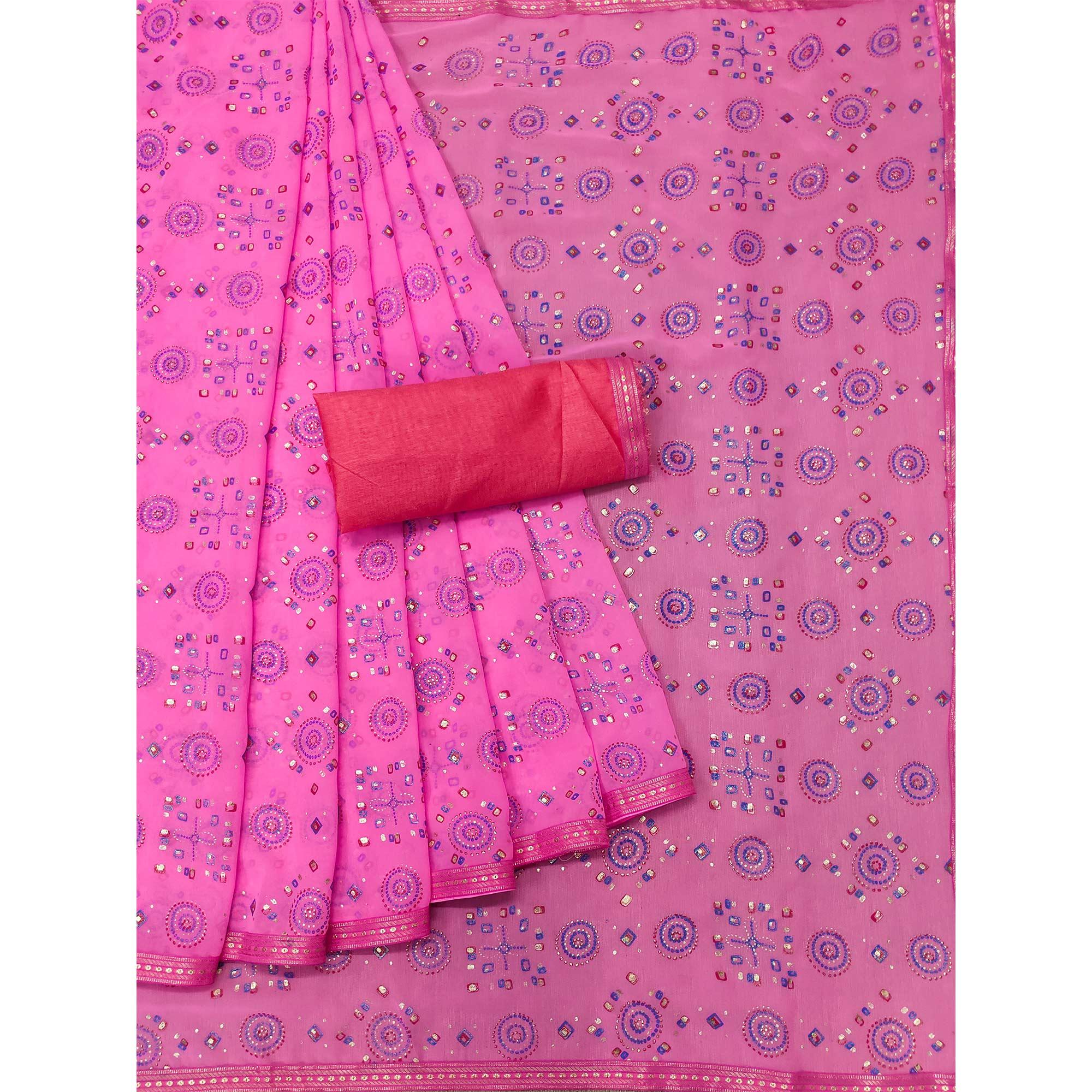 Pink Casual Wear Block Printed With Foil Work Georgette Saree - Peachmode