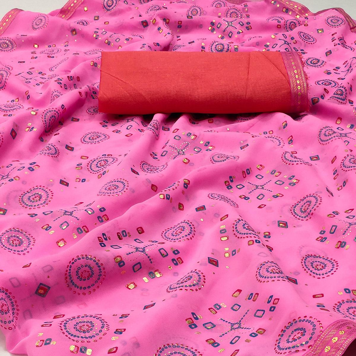 Pink Casual Wear Block Printed With Foil Work Georgette Saree - Peachmode