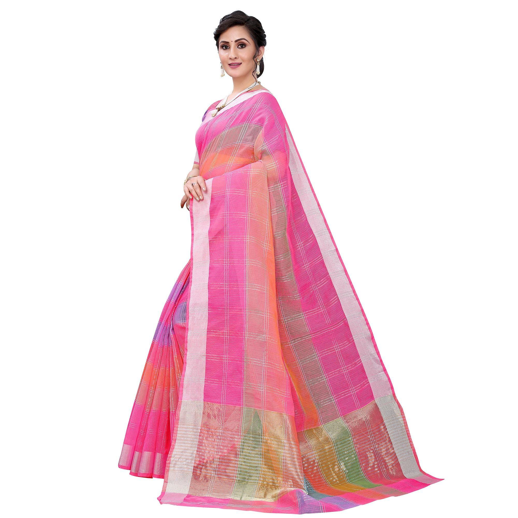 Pink Casual Wear Checks Printed Silk Saree With Border - Peachmode