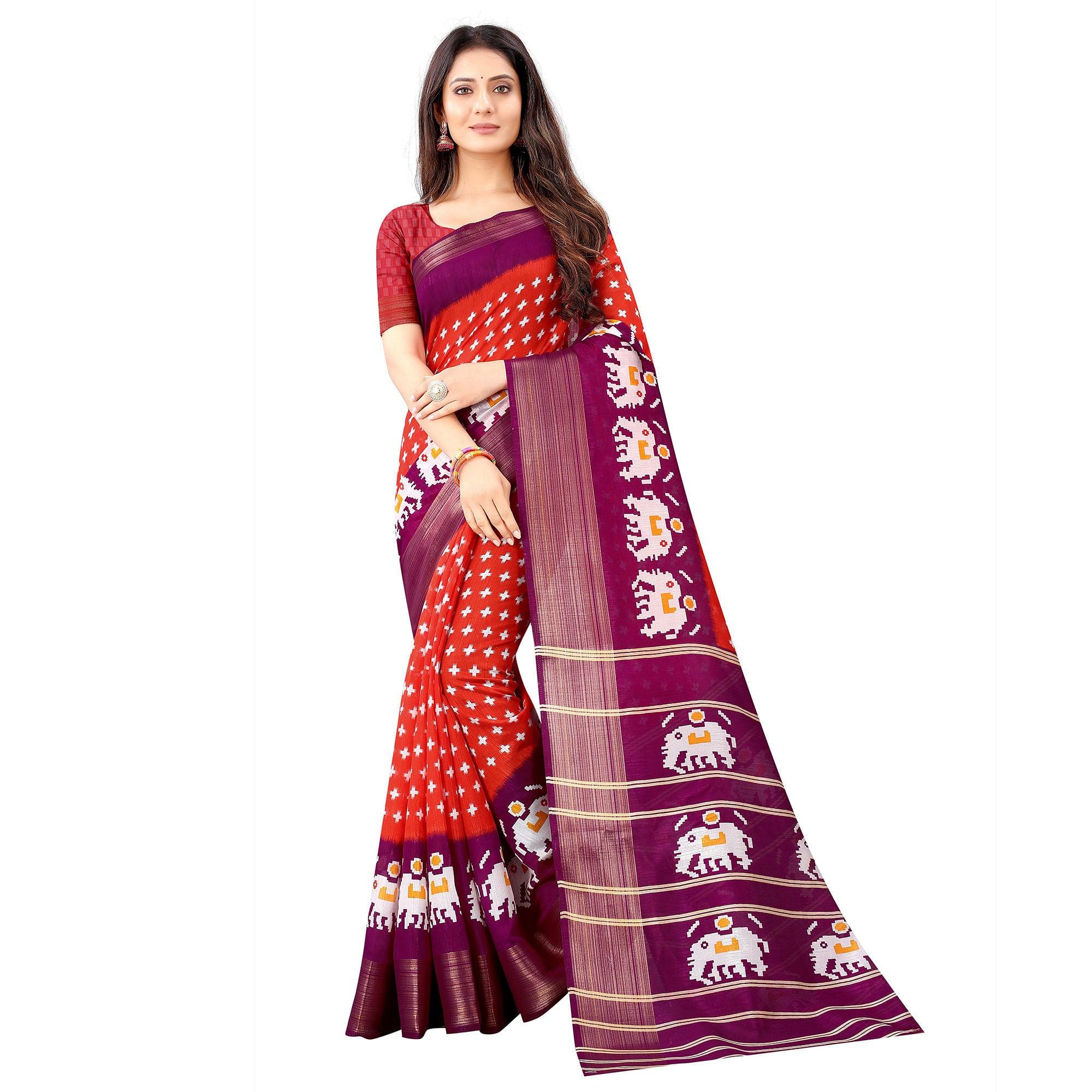 Pink Casual Wear Designer Hand Block Printed Cotton Linen Saree - Peachmode