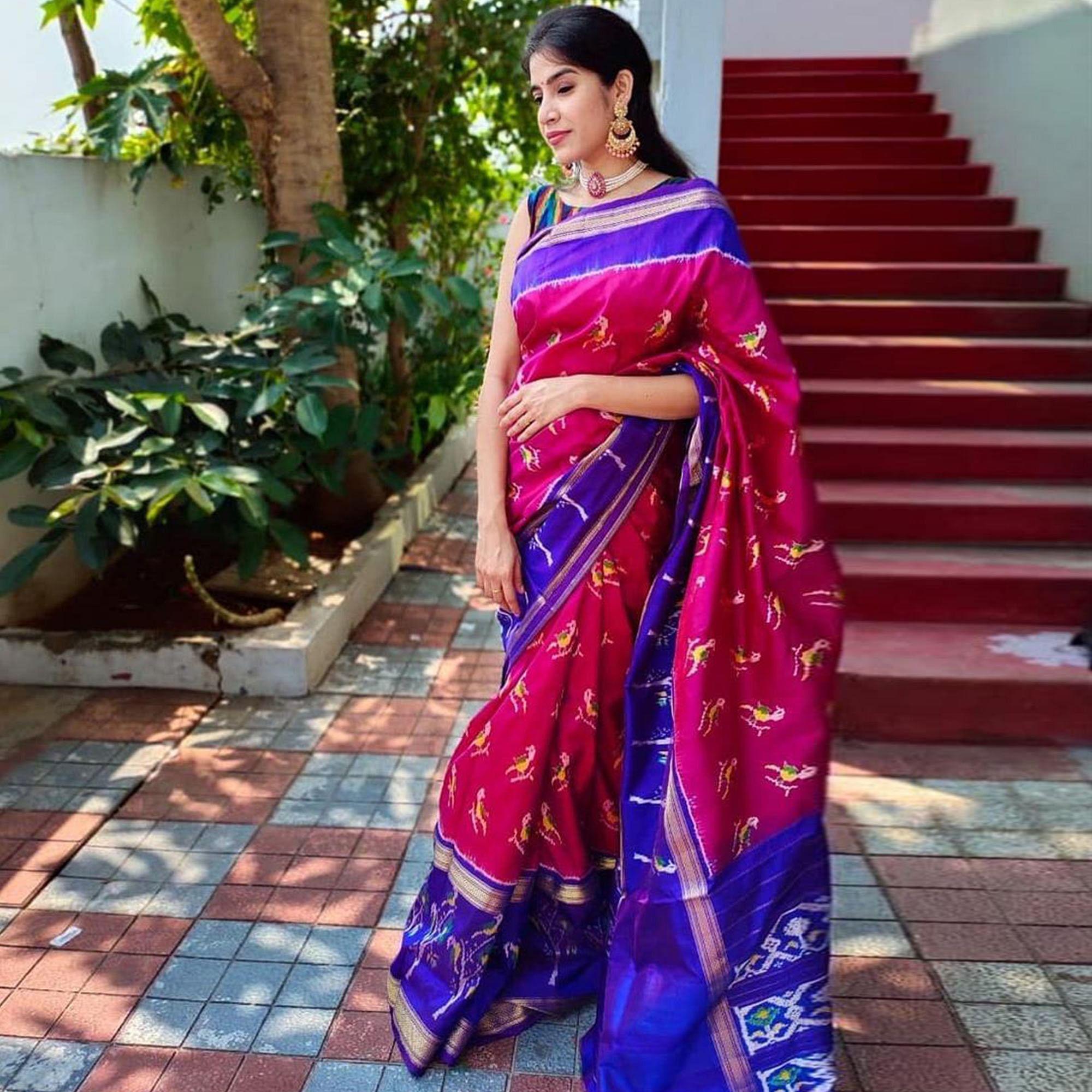 Pink Casual Wear Designer Hand Block Printed Cotton Linen Saree - Peachmode