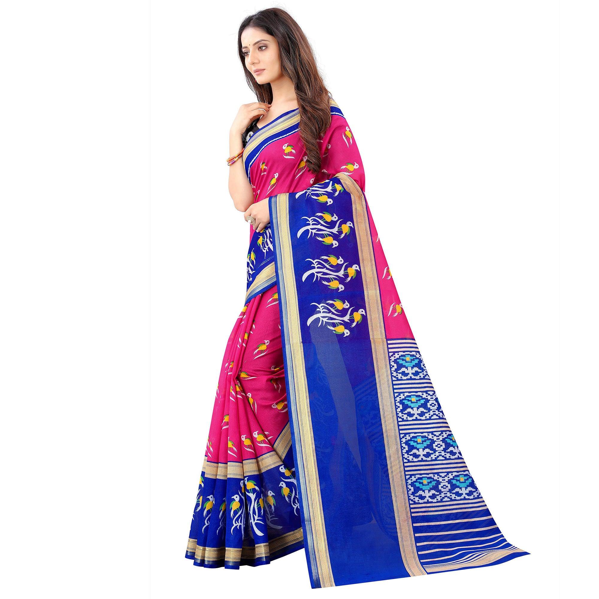 Pink Casual Wear Designer Hand Block Printed Cotton Linen Saree - Peachmode