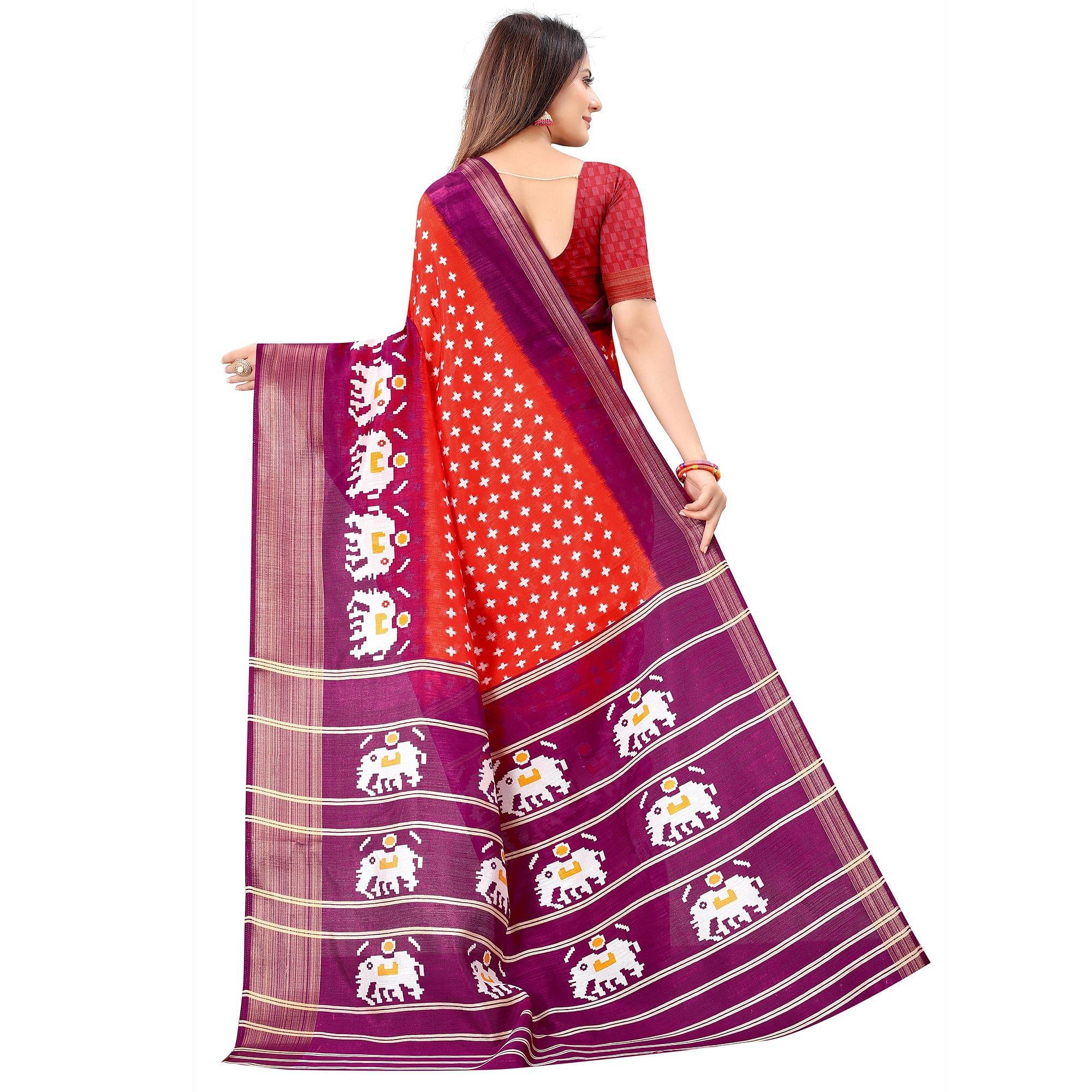 Pink Casual Wear Designer Hand Block Printed Cotton Linen Saree - Peachmode