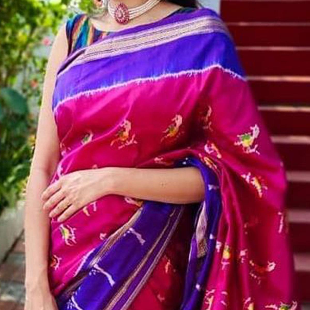 Pink Casual Wear Designer Hand Block Printed Cotton Linen Saree - Peachmode