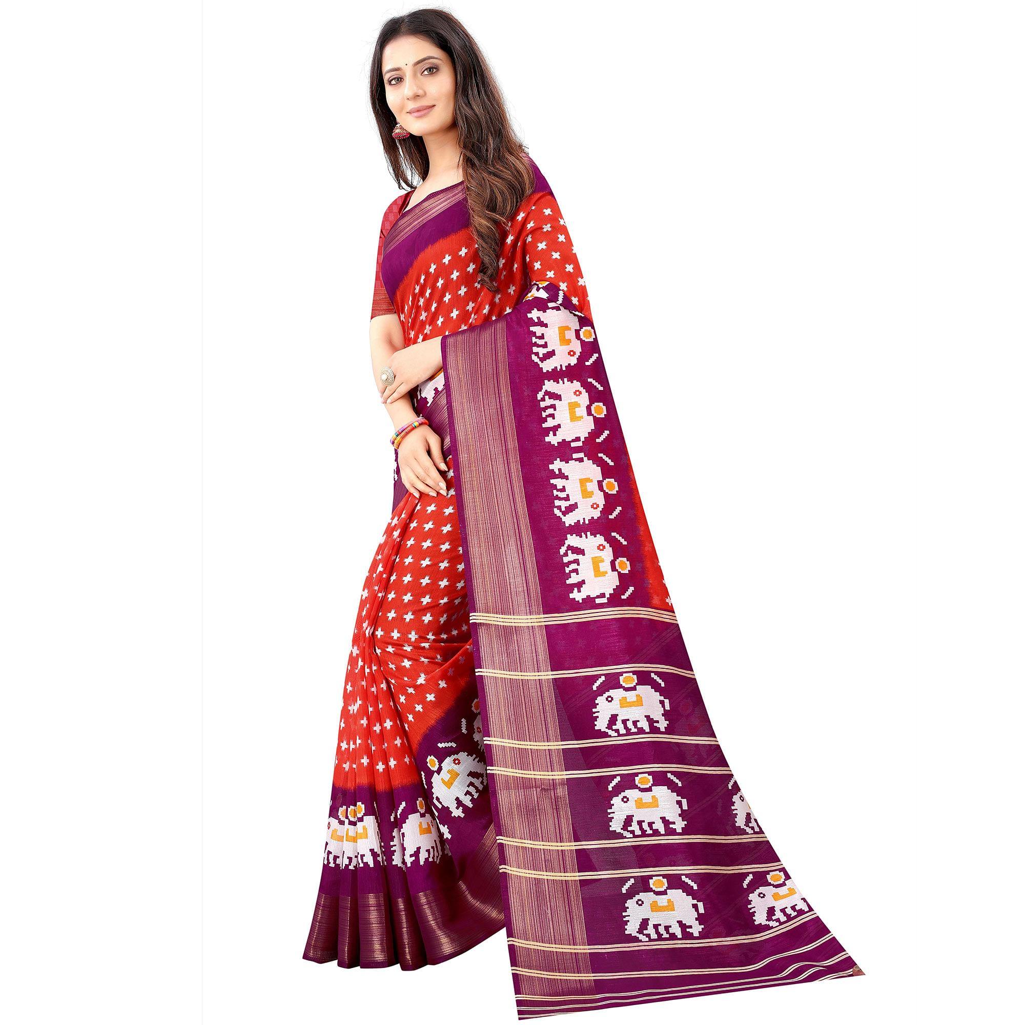 Pink Casual Wear Designer Hand Block Printed Cotton Linen Saree - Peachmode