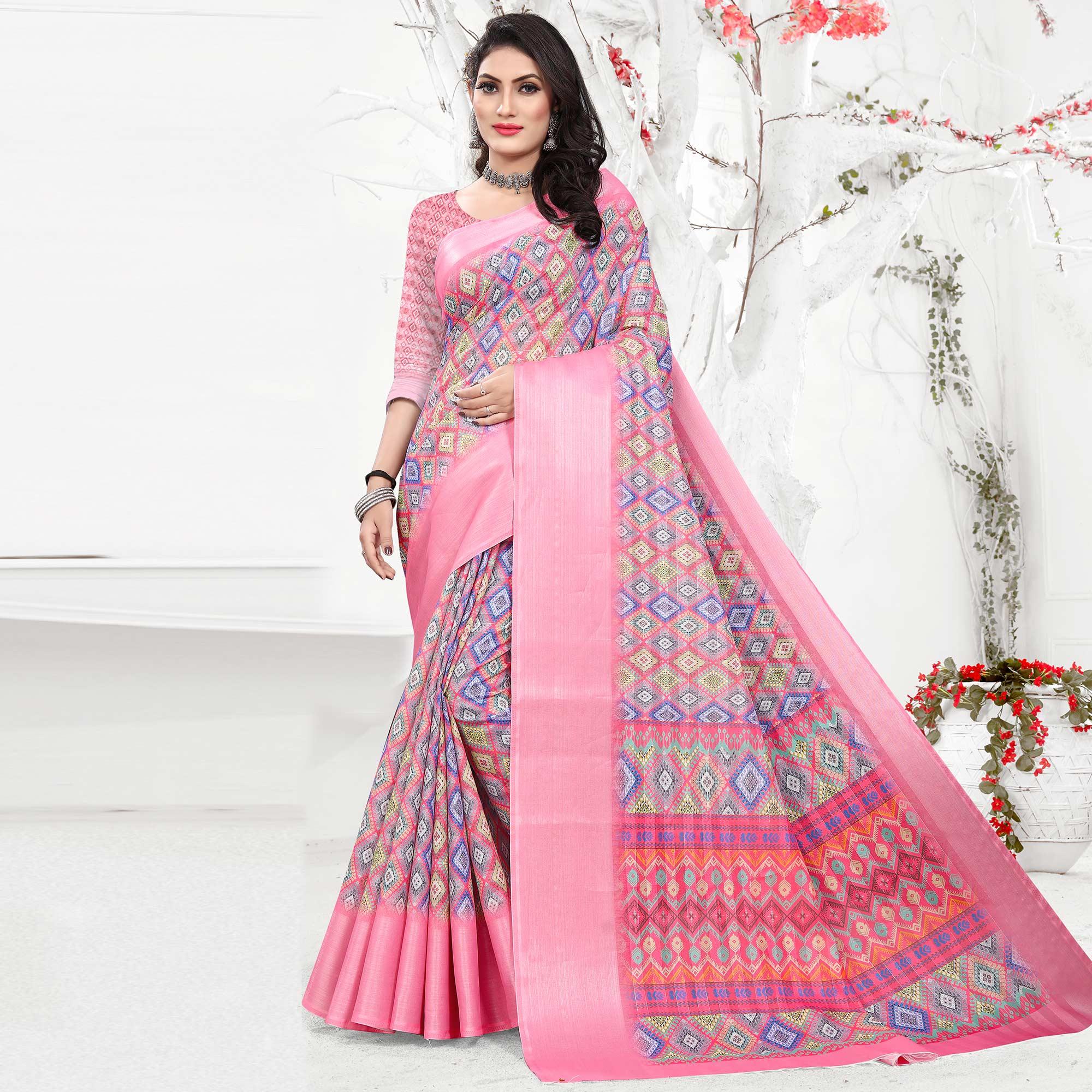 Pink Casual Wear Digital Printed Cotton Silk Saree - Peachmode