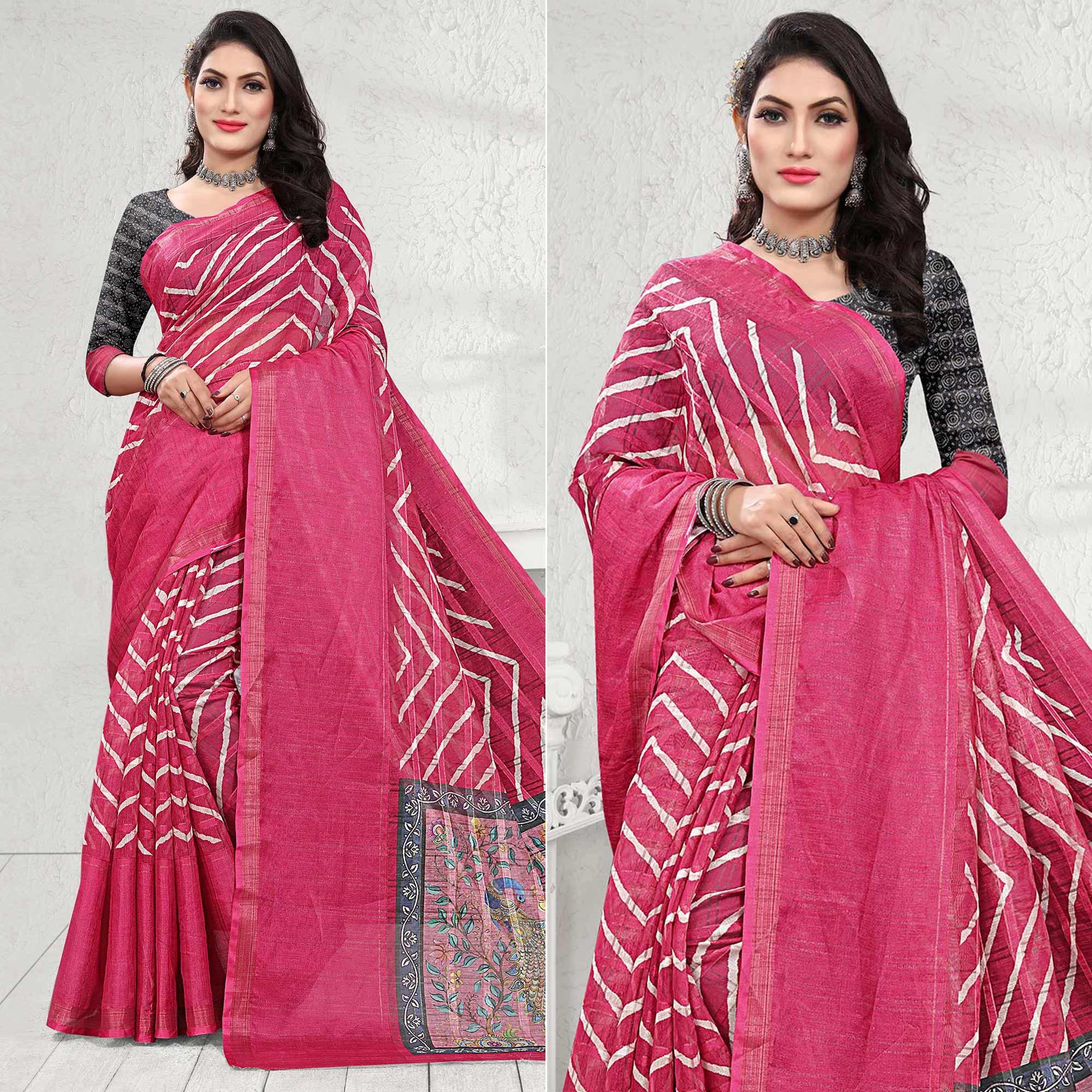Pink Casual Wear Digital Printed Cotton Silk Saree - Peachmode